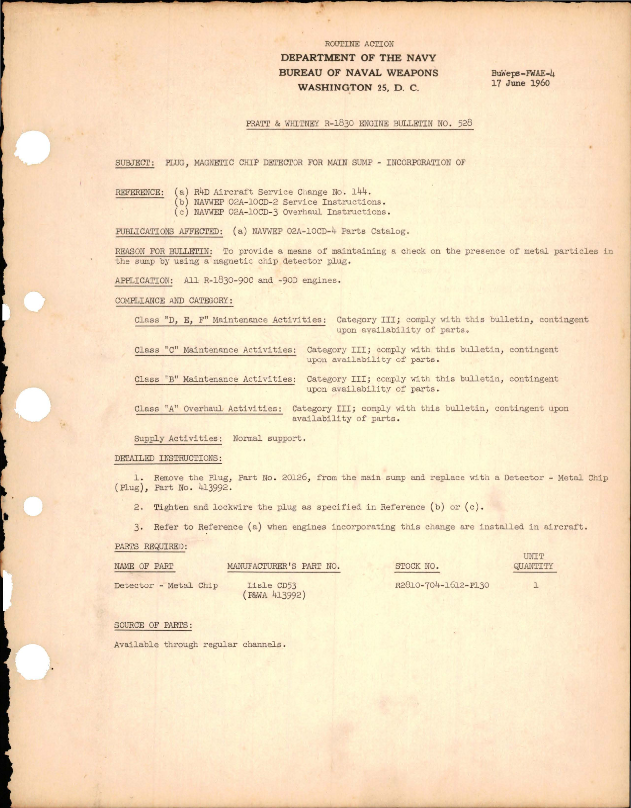 Sample page 1 from AirCorps Library document: Incorporation of Magnetic Chip Detector for Main Sump Plug