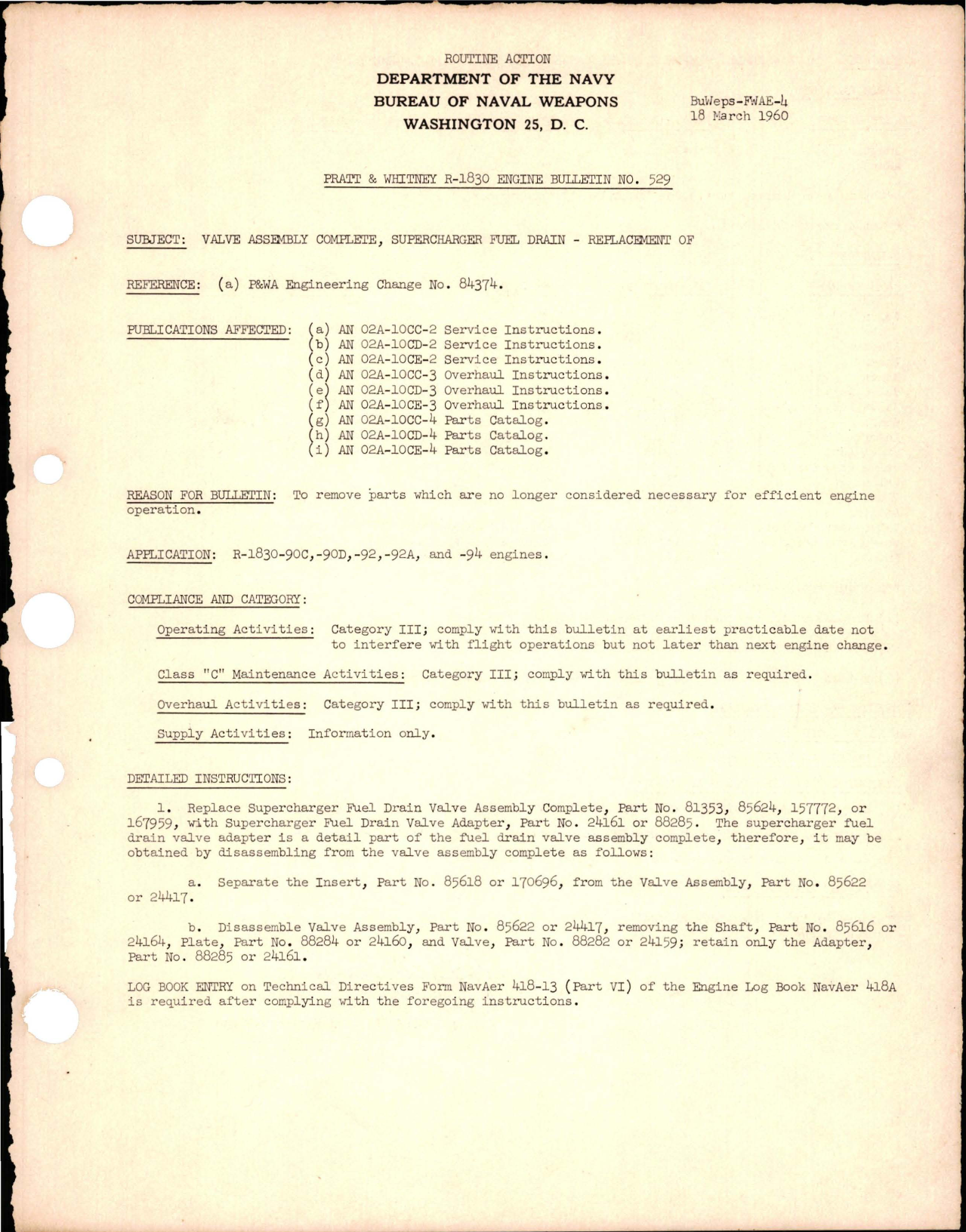 Sample page 1 from AirCorps Library document: Replacement of Supercharger Fuel Drain Complete Valve Assembly