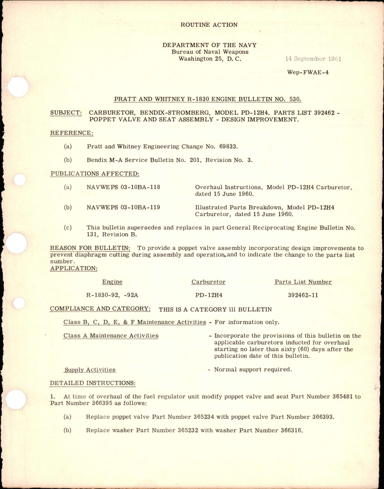 Sample page 1 from AirCorps Library document: Design Improvement for Carburetor, Poppet Valve, and Seat Assembly - Model PD-12H4 - Parts List 392462