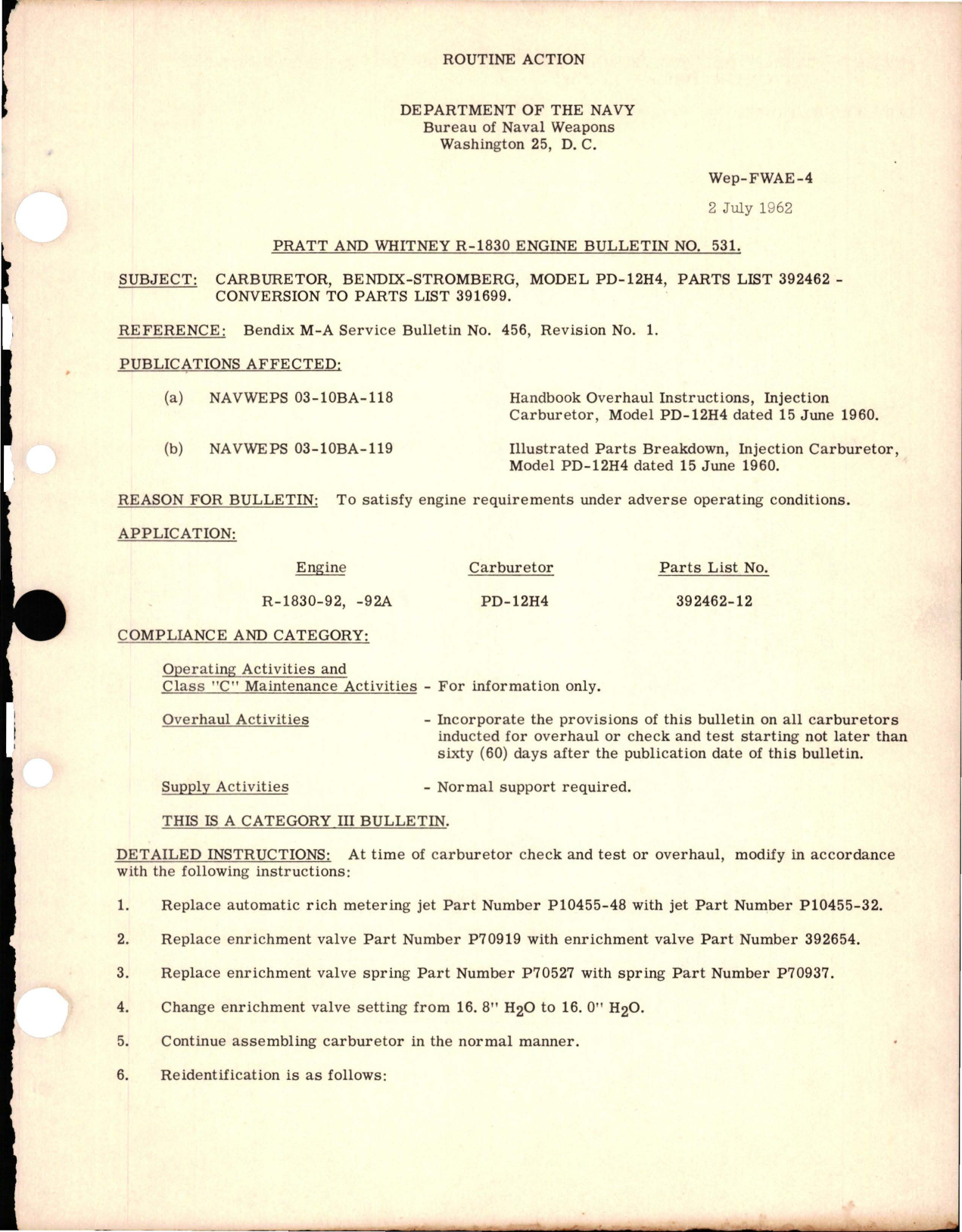 Sample page 1 from AirCorps Library document: Bendix Stromberg Carburetor - Model PD-12H4 - Part List 392462 - Conversion to Parts list 391699 