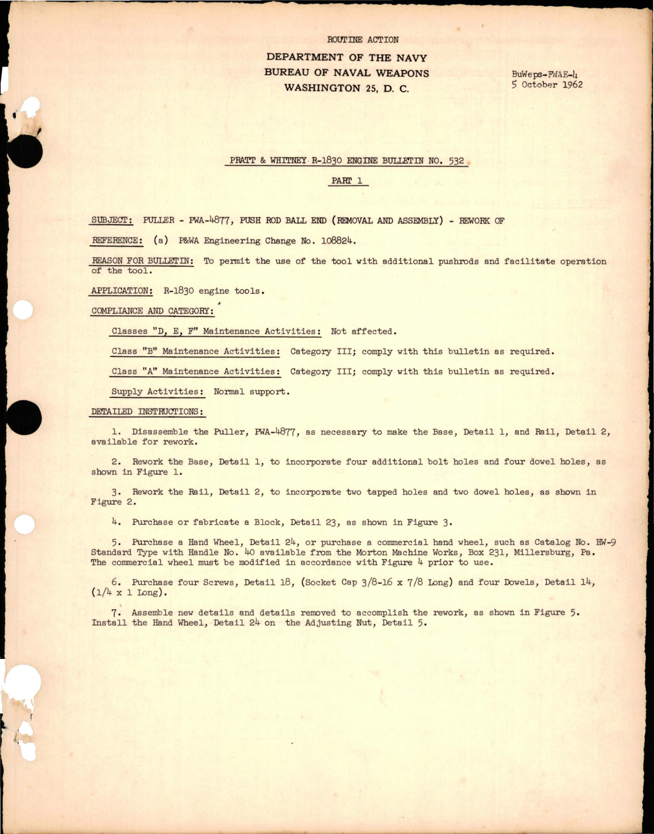 Sample page 1 from AirCorps Library document: Rework of Push Rod Ball End Puller - PWA-4877