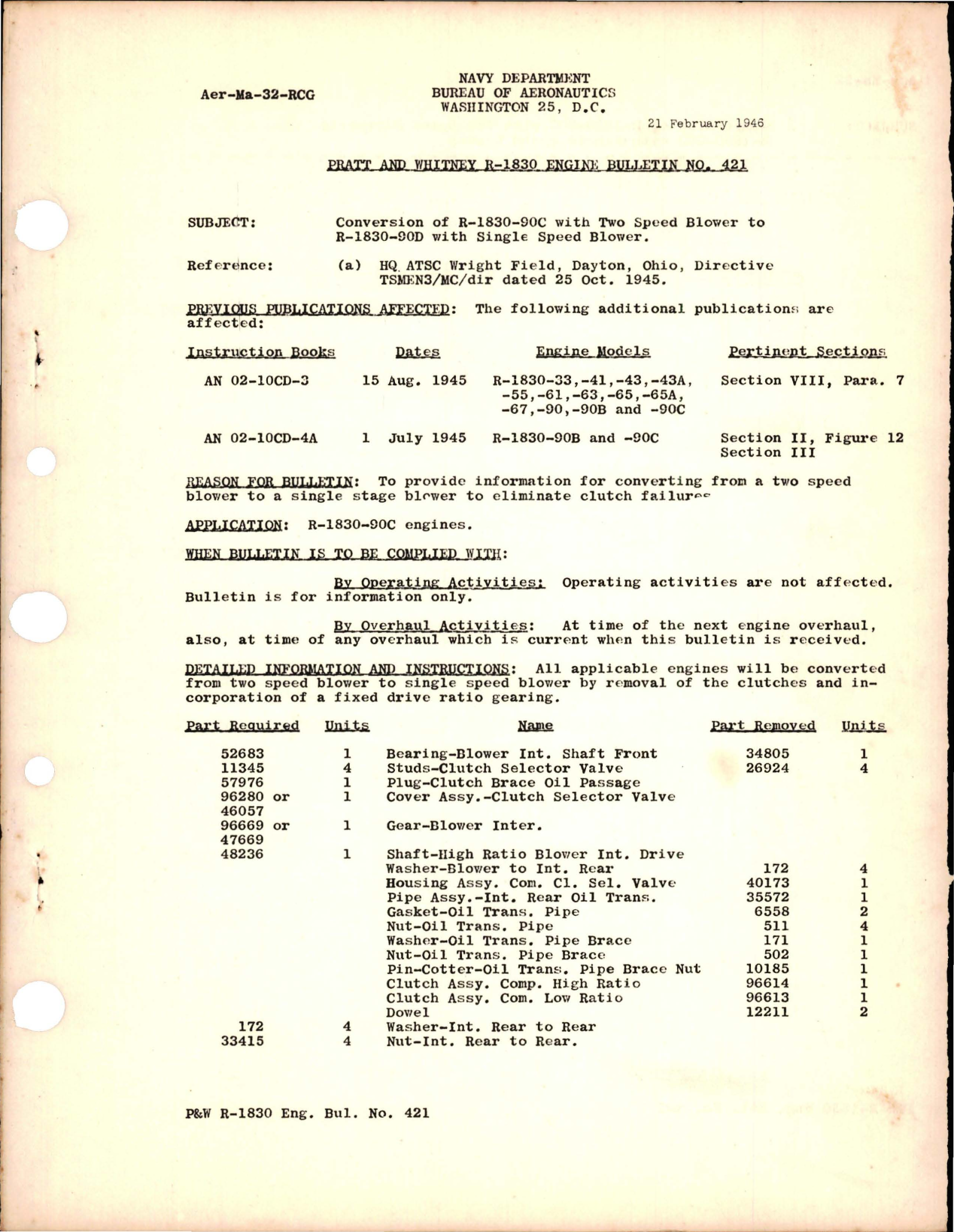 Sample page 1 from AirCorps Library document: Conversion of R-1830-90C with Two Speed Blower to R-1830-90D with Single Speed Blower