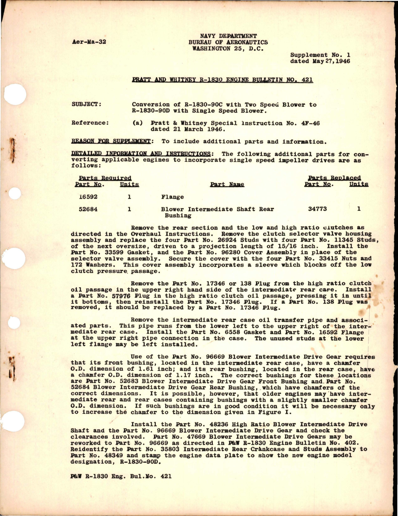 Sample page 1 from AirCorps Library document: Conversion of R-1830-90C with Two Speed Blower to R-1830-90D with Single Speed Blower