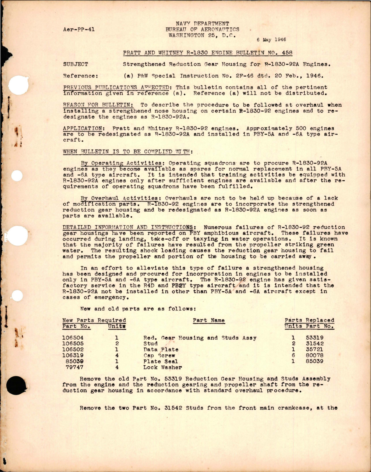 Sample page 1 from AirCorps Library document: Strengthened Reduction Gear Housing for R-1830-92A Engines