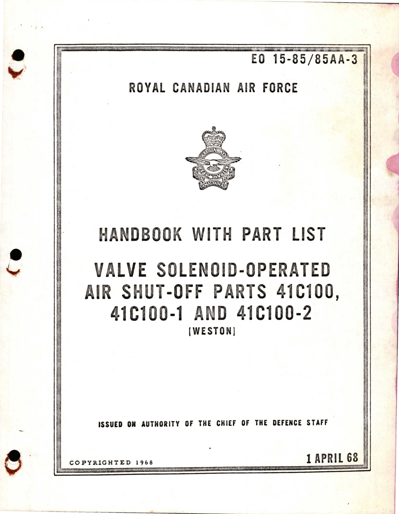 Sample page 1 from AirCorps Library document: Handbook with Parts List for Solenoid Operated Air Shut Off Valve - Parts 41C100, 41C100-1, 41C100-2