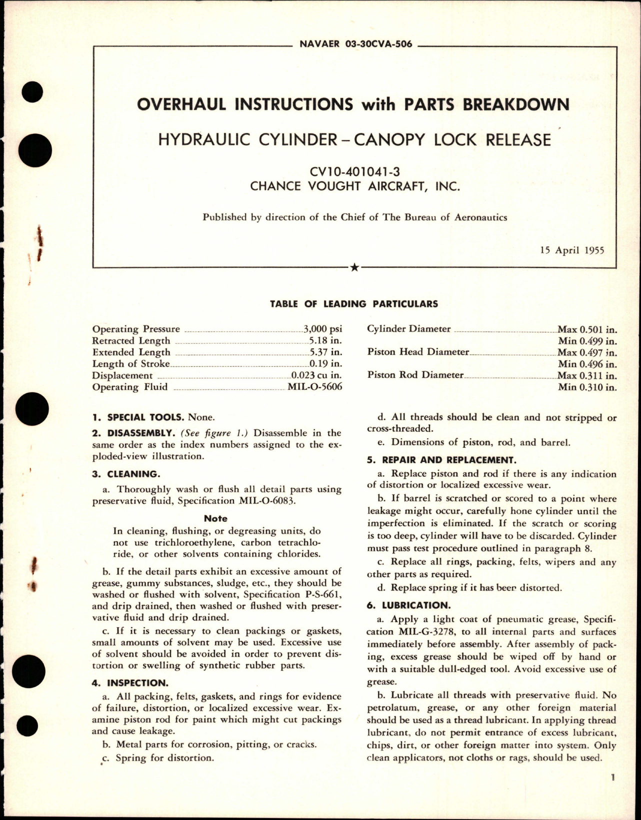 Sample page 1 from AirCorps Library document: Overhaul Instructions with Parts Canopy Lock Release Hydraulic Cylinder - CV10-401041-3