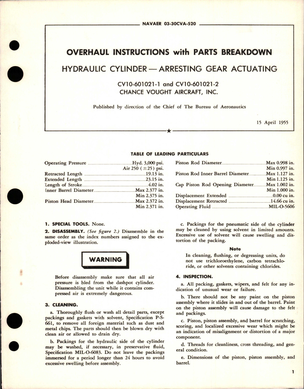 Sample page 1 from AirCorps Library document: Overhaul Instructions with Parts for Arresting Gear Actuating Hydraulic Cylinder - CV10-601021-1, CV10-601021-2