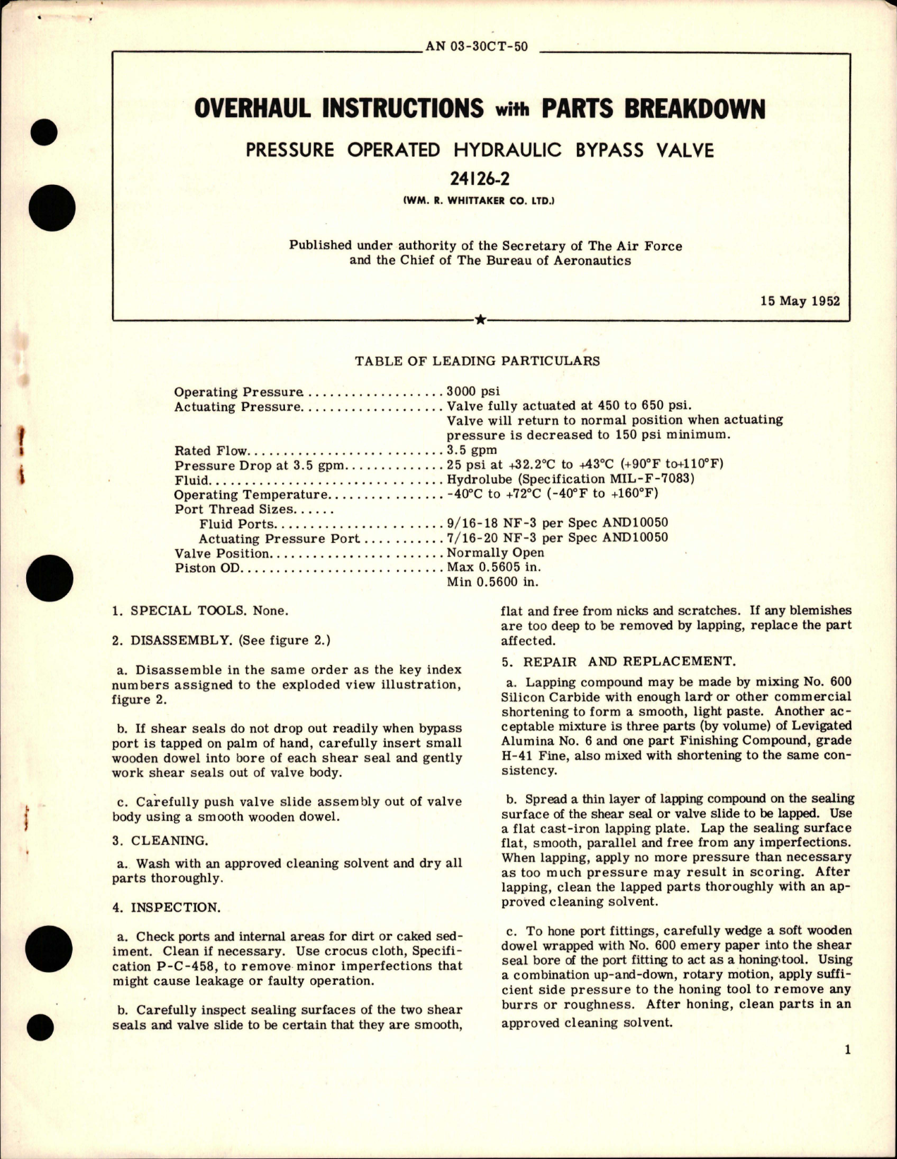 Sample page 1 from AirCorps Library document: Overhaul Instructions with Parts Breakdown for Pressure Operated Hydraulic Bypass Valve - 24126-2