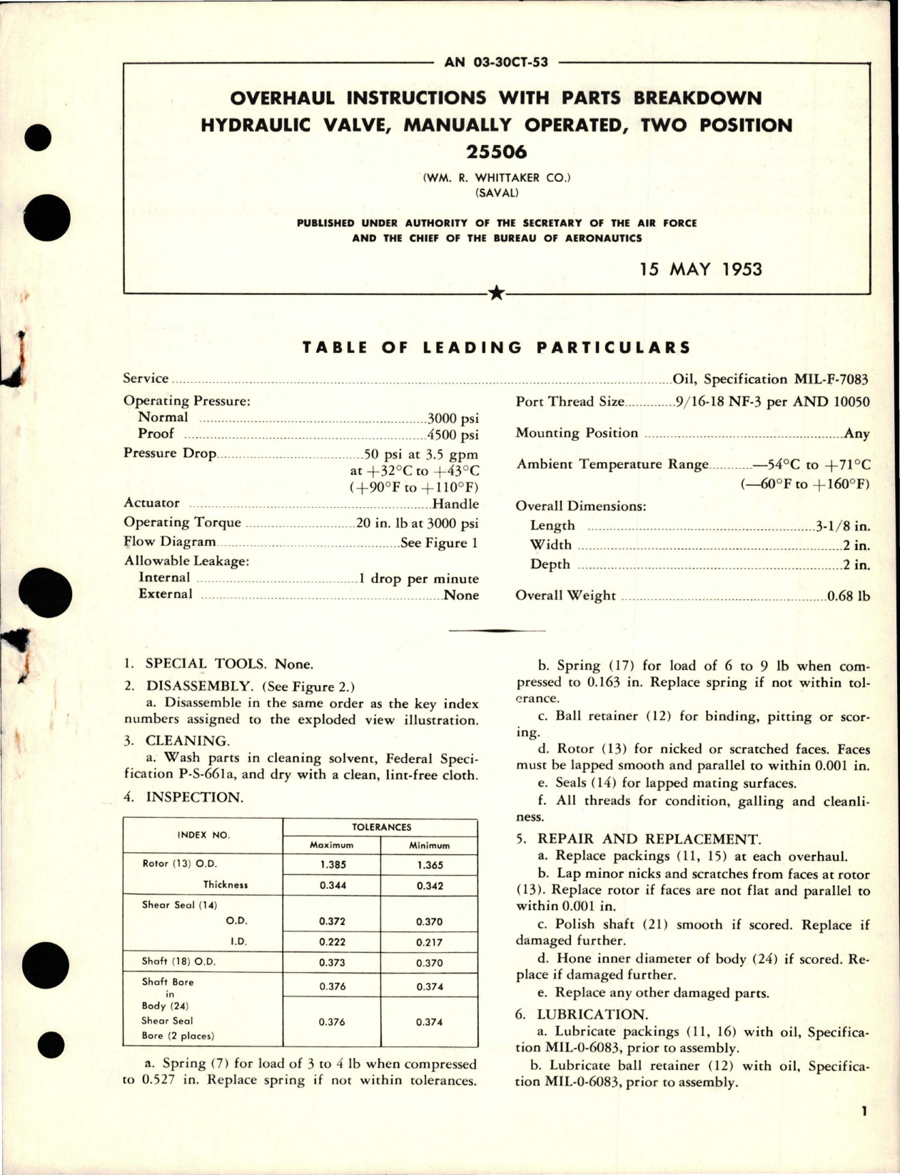 Sample page 1 from AirCorps Library document: Overhaul Instructions with Parts for Manually Operated Tow Position Hydraulic Valve - Part 25506