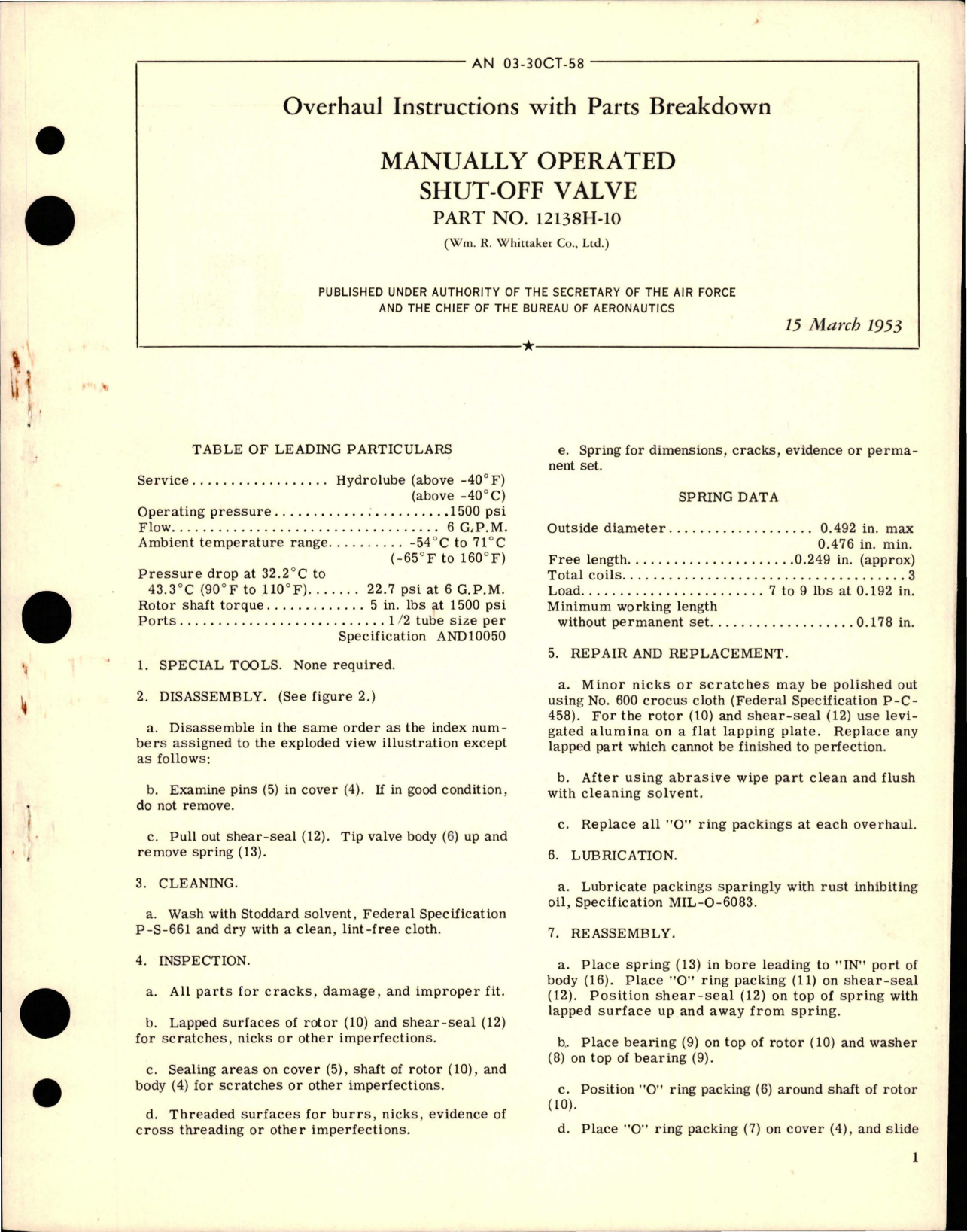 Sample page 1 from AirCorps Library document: Overhaul Instructions w Parts for Manually Operated Shut Off Valve - Part 1213H-10