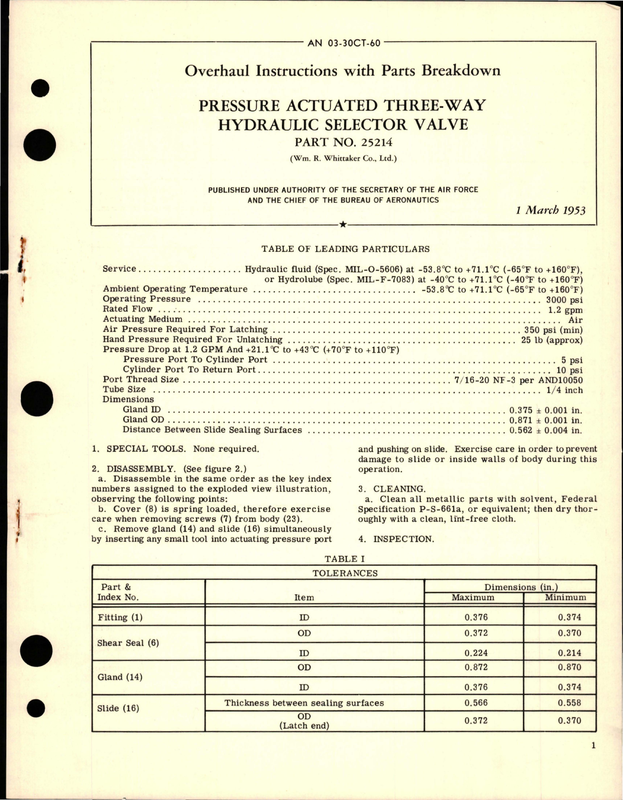 Sample page 1 from AirCorps Library document: Overhaul Instructions with Parts for Pressure Actuated Three Way Hydraulic Selector Valve - Part 25214