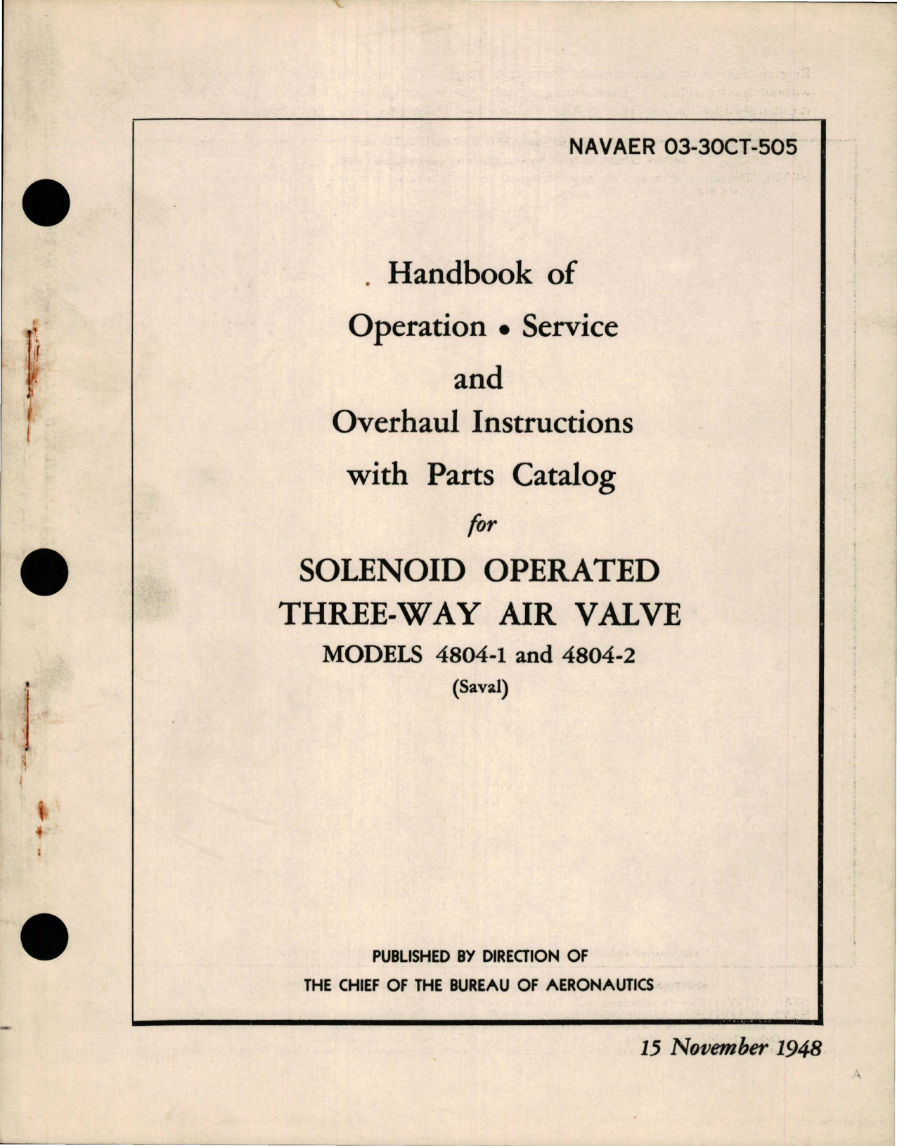 Sample page 1 from AirCorps Library document: Operation, Service, and Overhaul Instructions with Parts for Solenoid Operated Three-Way Air Valve - Models 4804-1, 4804-2