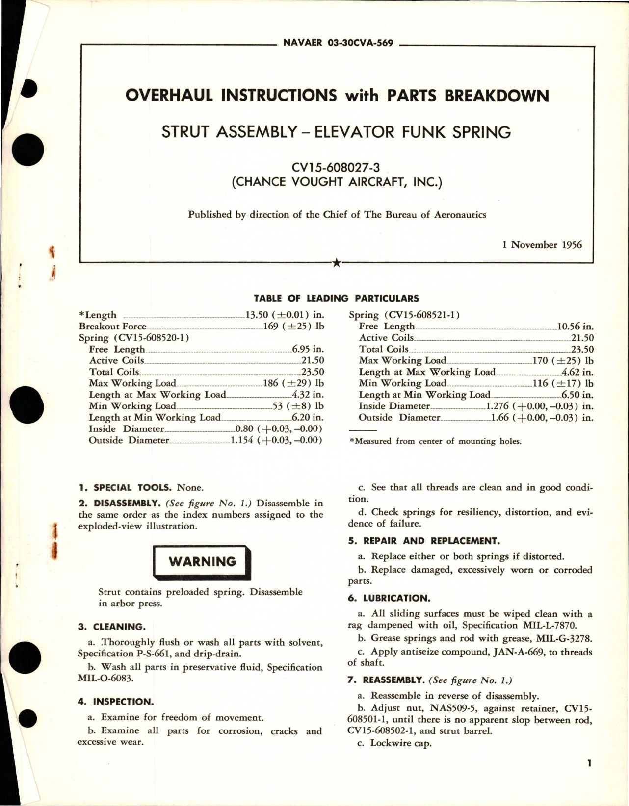 Sample page 1 from AirCorps Library document: Overhaul Instructions with Parts Breakdown for Elevator Funk Spring Strut Assembly - CV15-608027-3