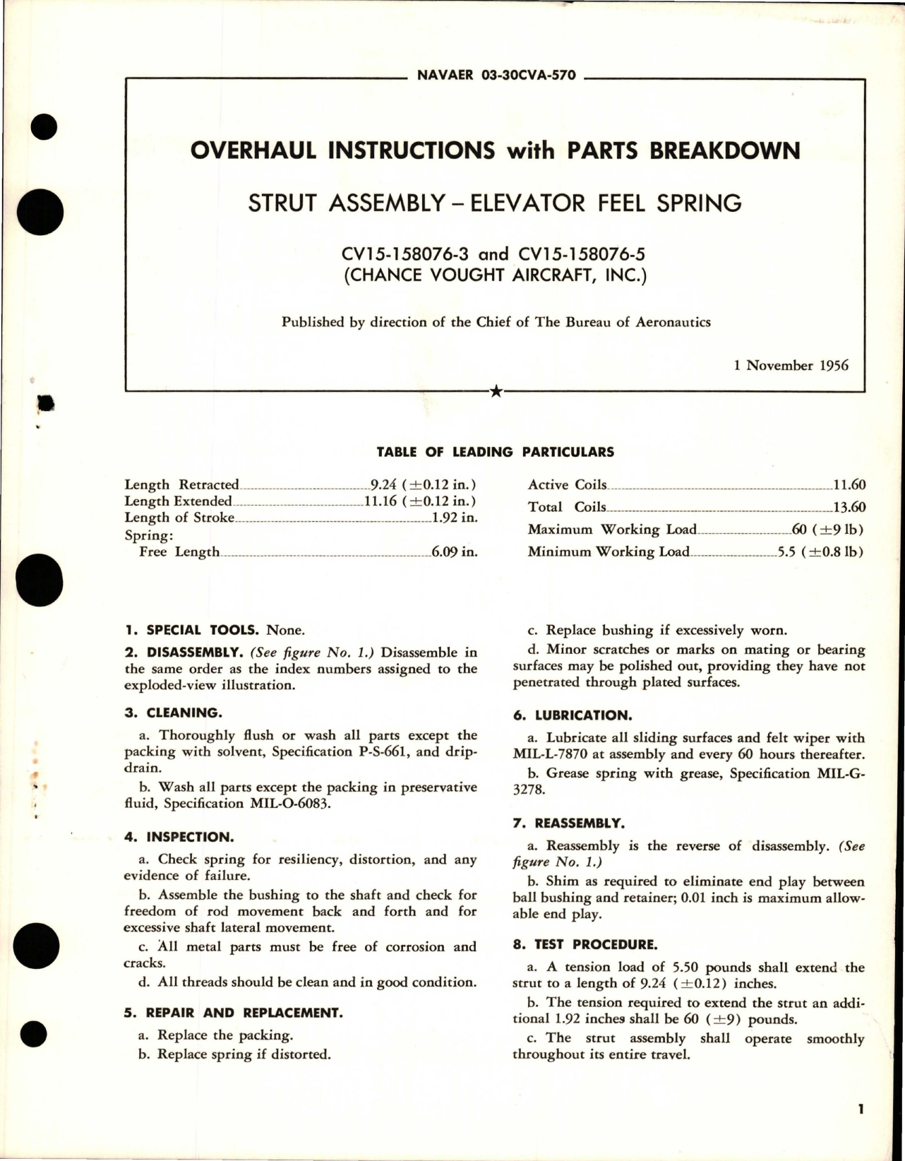 Sample page 1 from AirCorps Library document: Overhaul Instructions with Parts Breakdown for Elevator Feel Spring Strut Assembly - CV15-158076-3 and CV15-158076-5 