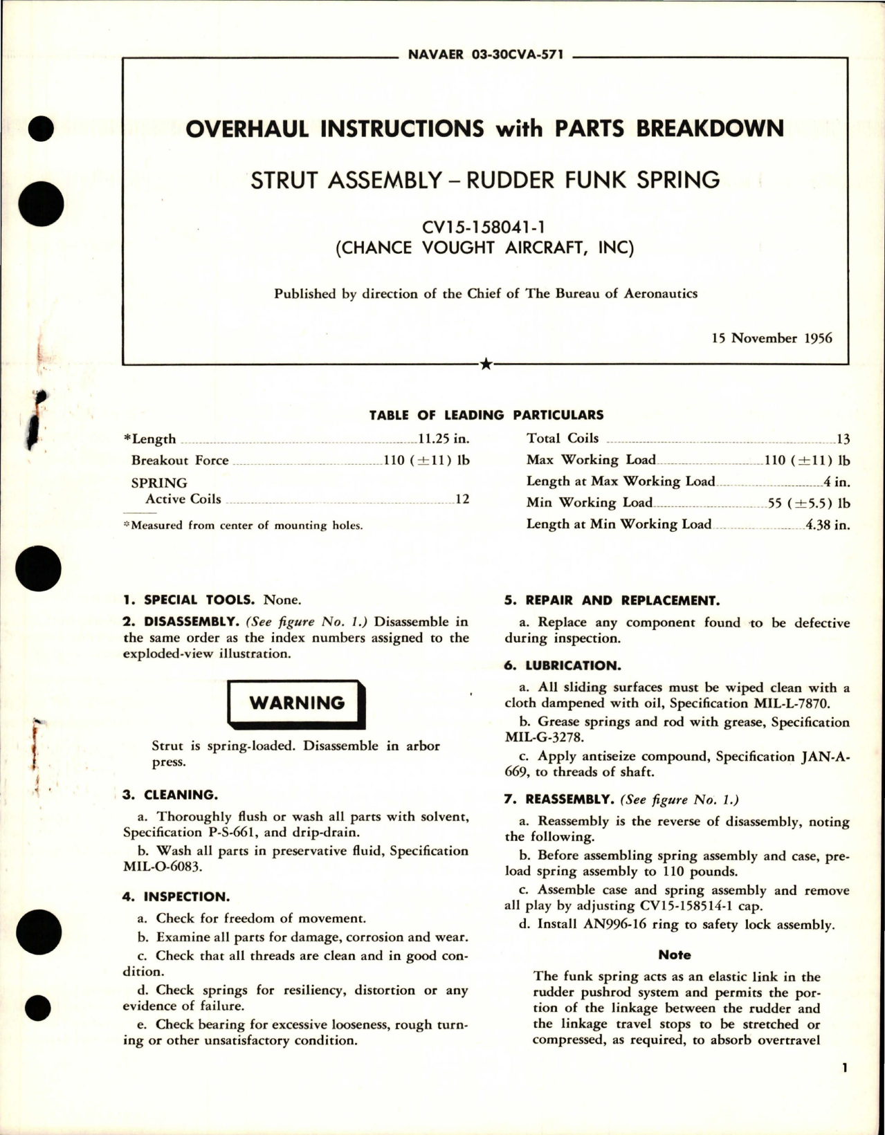 Sample page 1 from AirCorps Library document: Overhaul Instructions with Parts Breakdown for Rudder Funk Spring Strut Assembly - CV15-158041-1