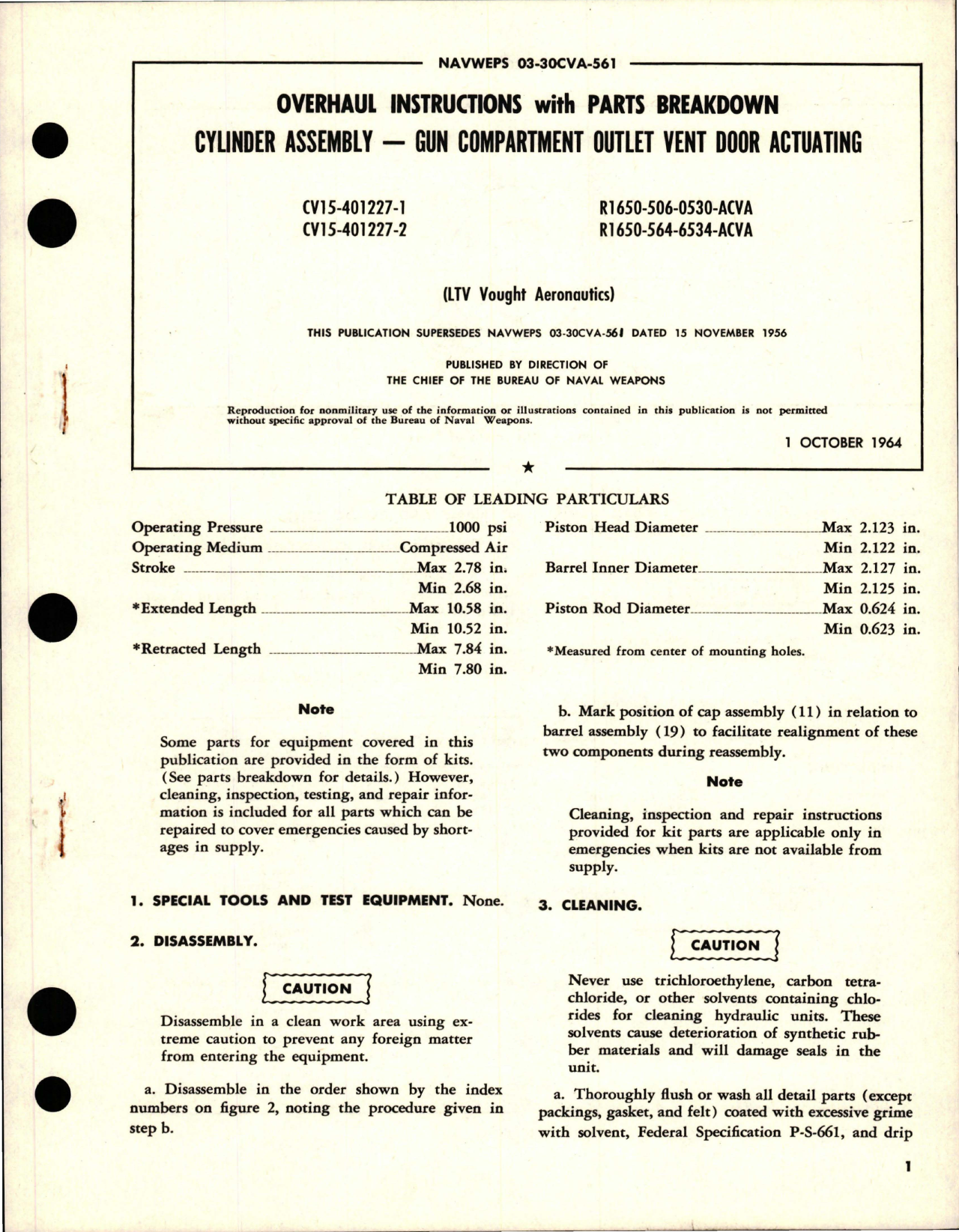 Sample page 1 from AirCorps Library document: Overhaul Instructions with Parts for Gun Compartment Outlet Vent Door Actuating Cylinder Assembly - CV15-401227-1, CV15-401227-2