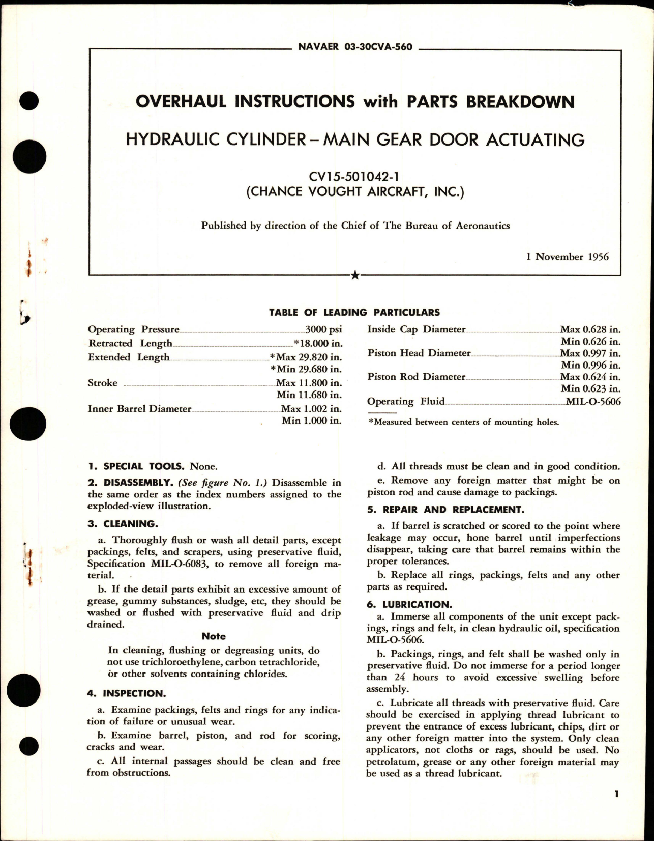 Sample page 1 from AirCorps Library document: Overhaul Instructions with Parts for Main Gear Door Actuating Hydraulic Cylinder - CV15-501042-1