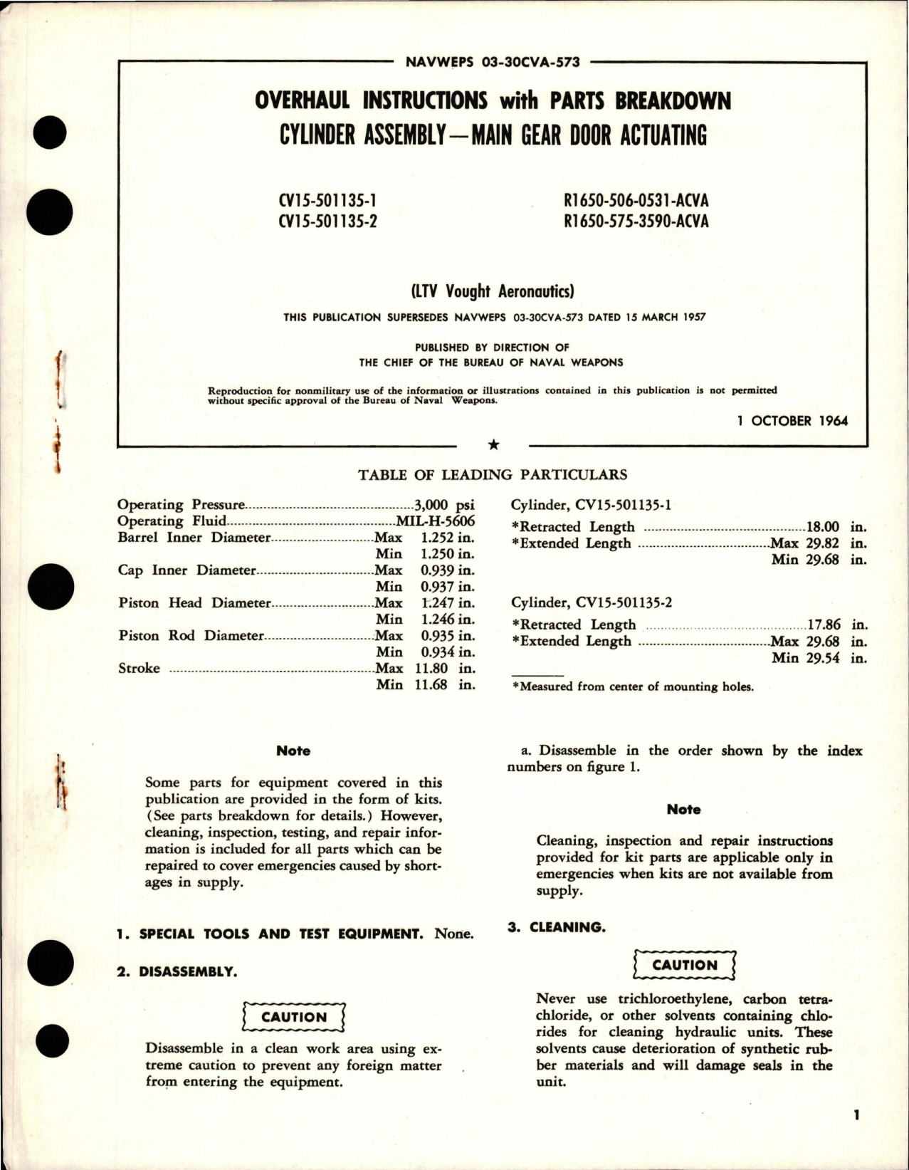 Sample page 1 from AirCorps Library document: Overhaul Instructions with Parts for Main Gear Door Actuating Cylinder Assembly - CV15-501135-1 and CV15-501135-2