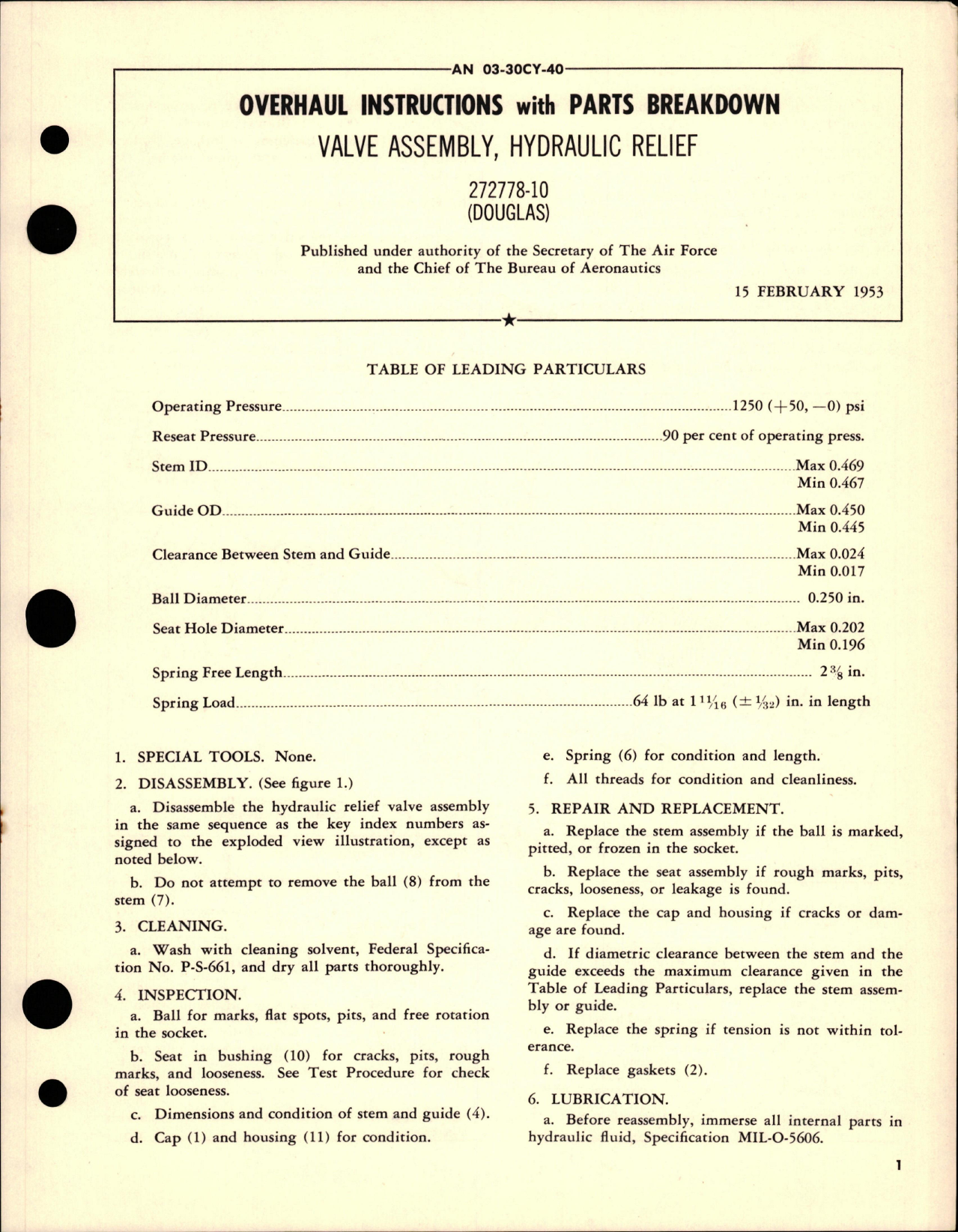 Sample page 1 from AirCorps Library document: Overhaul Instructions with Parts Breakdown for Hydraulic Relief Valve Assembly - 272778-10