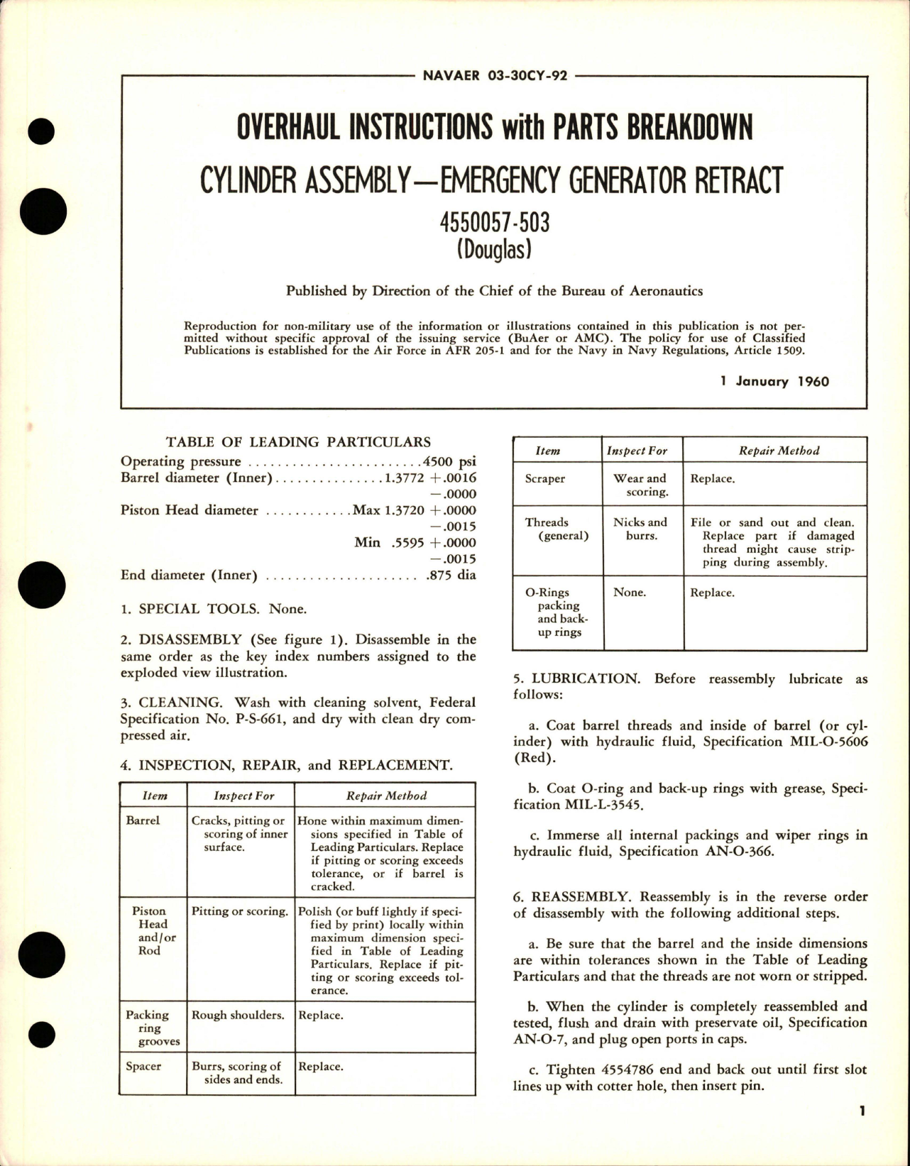 Sample page 1 from AirCorps Library document: Overhaul Instructions with Parts for Emergency Generator Retract Cylinder Assy - 4550057-503