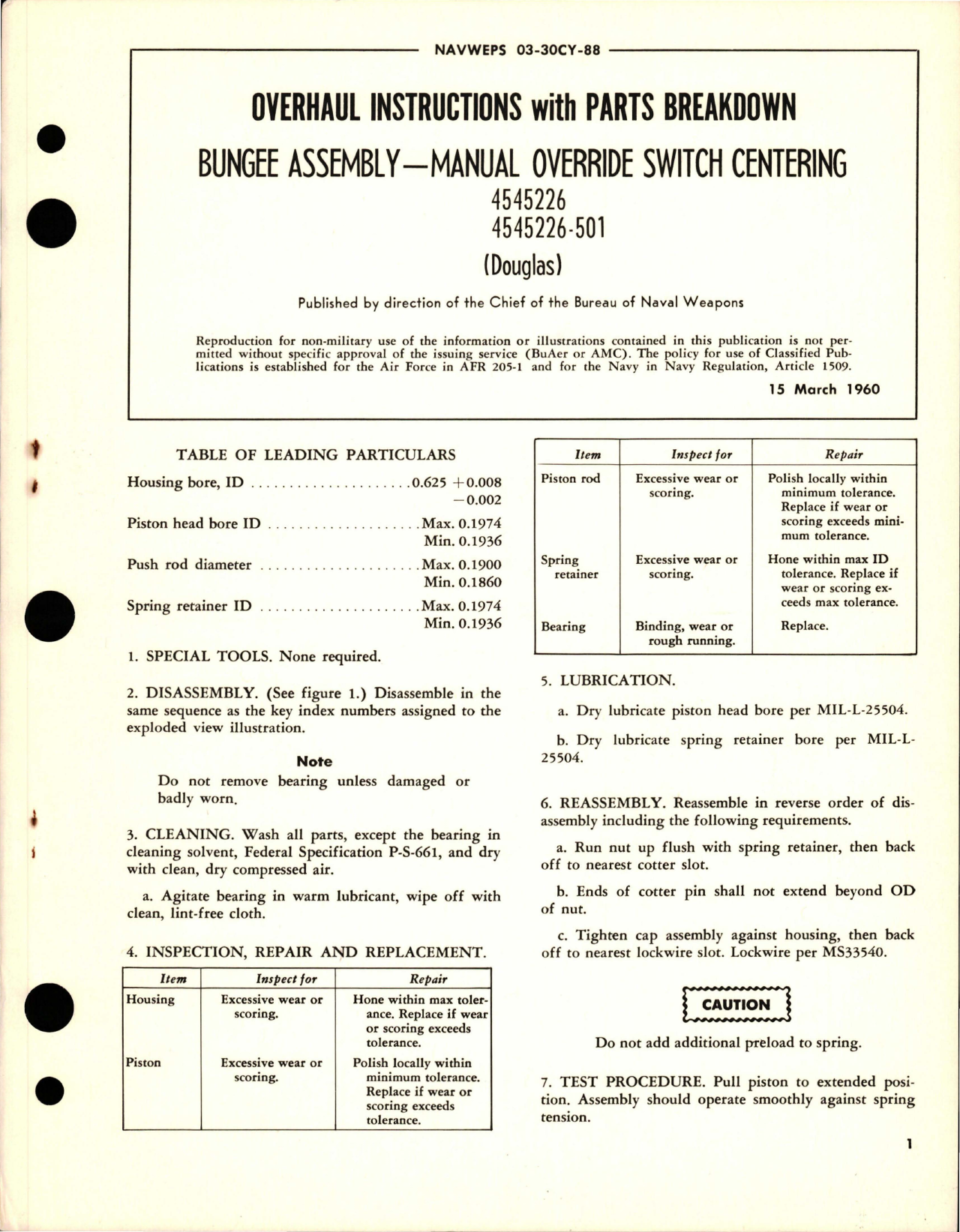 Sample page 1 from AirCorps Library document: Overhaul Instructions with Parts Breakdown for Manual Override Switch Centering Bungee Assembly - 4545226, 4545226-501