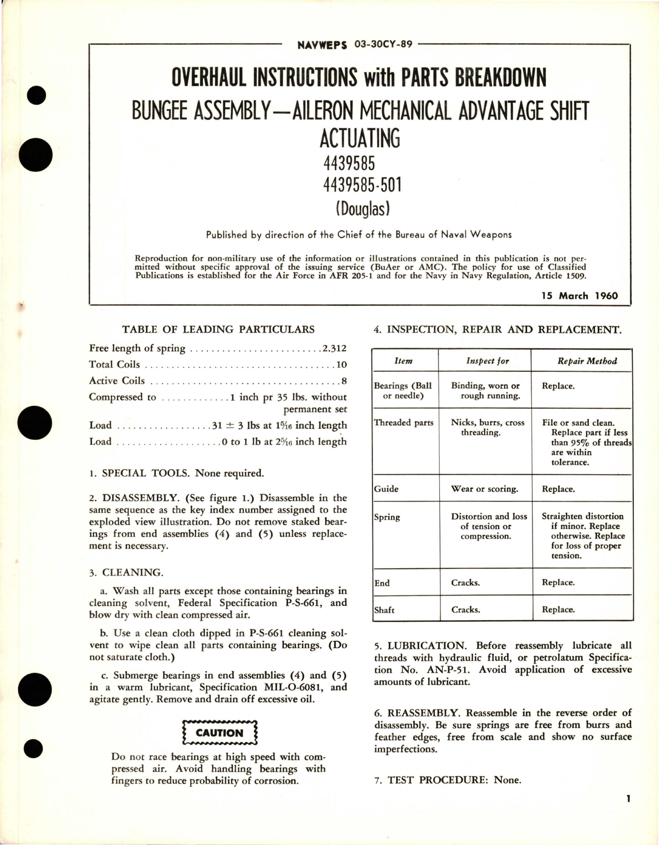 Sample page 1 from AirCorps Library document: Overhaul Instructions with Parts Breakdown for Aileron Mechanical Advantage Shift Actuating Bungee Assembly