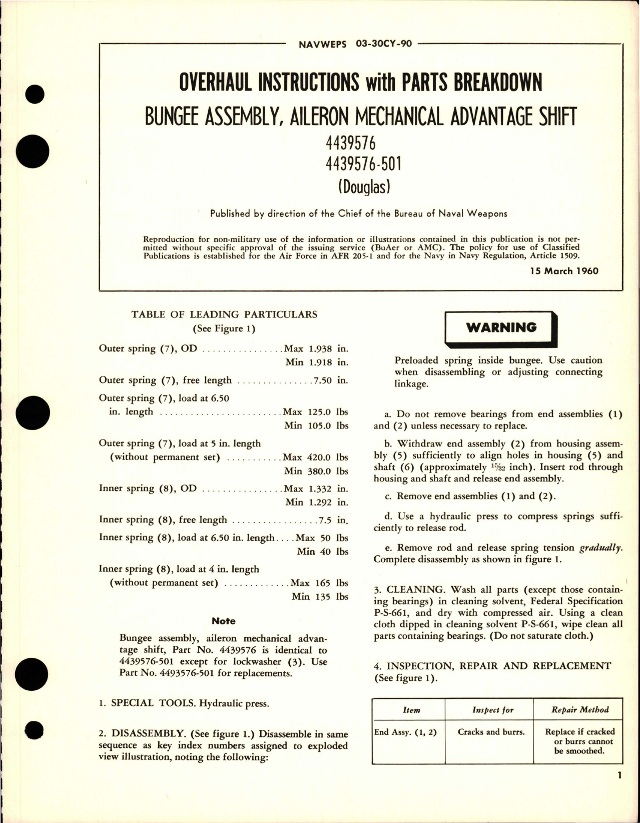 Sample page 1 from AirCorps Library document: Overhaul Instructions with Parts for Aileron Mechanical Advantage Shift Bungee Assembly - 4539576, 4439576-501