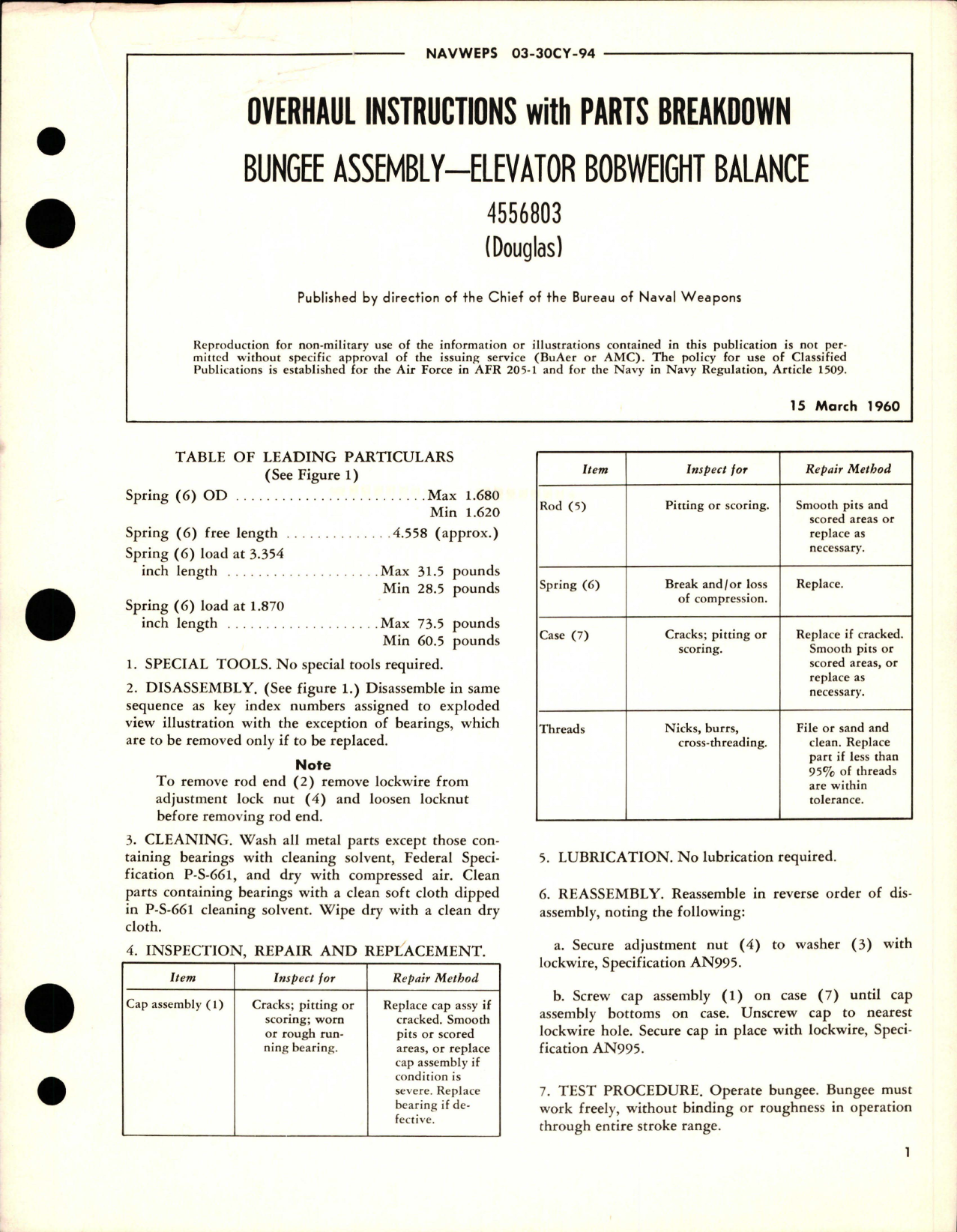 Sample page 1 from AirCorps Library document: Overhaul Instructions with Parts Breakdown for Elevator Bobweight Balance Bungee Assembly - 4556803 