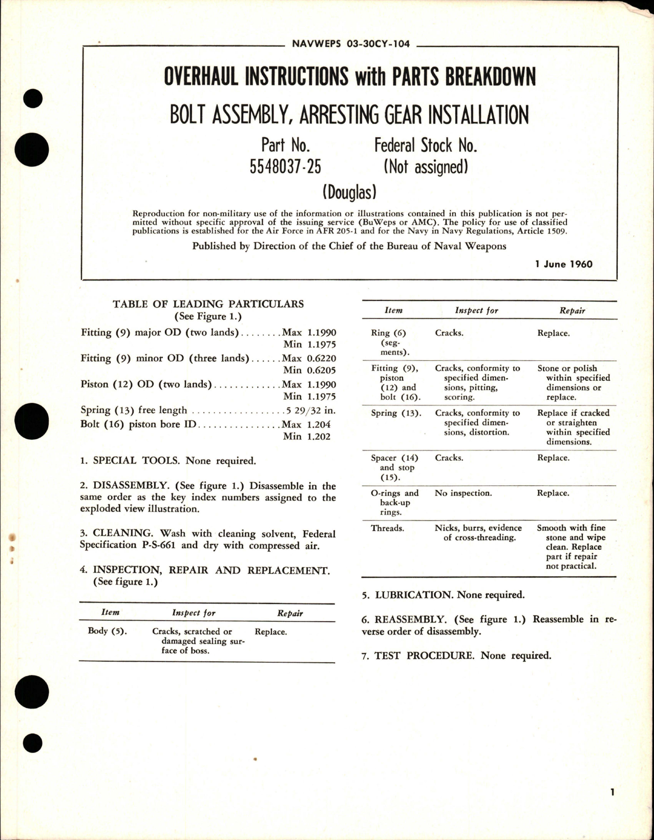 Sample page 1 from AirCorps Library document: Overhaul Instructions with Parts for Arresting Gear Installation Bolt Assembly - 5548037-25