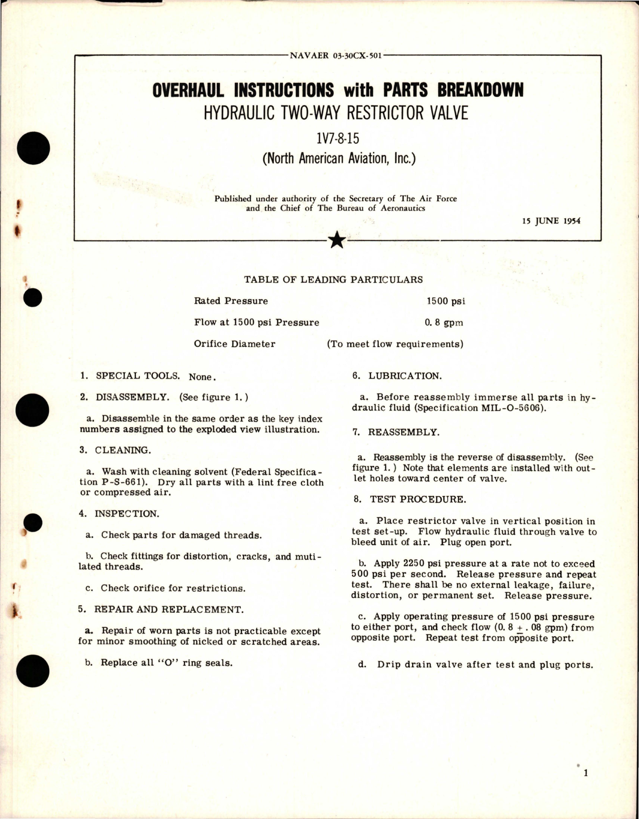 Sample page 1 from AirCorps Library document: Overhaul Instructions with Parts for Hydraulic Two-Way Restrictor Valve - 1V7-8-154 