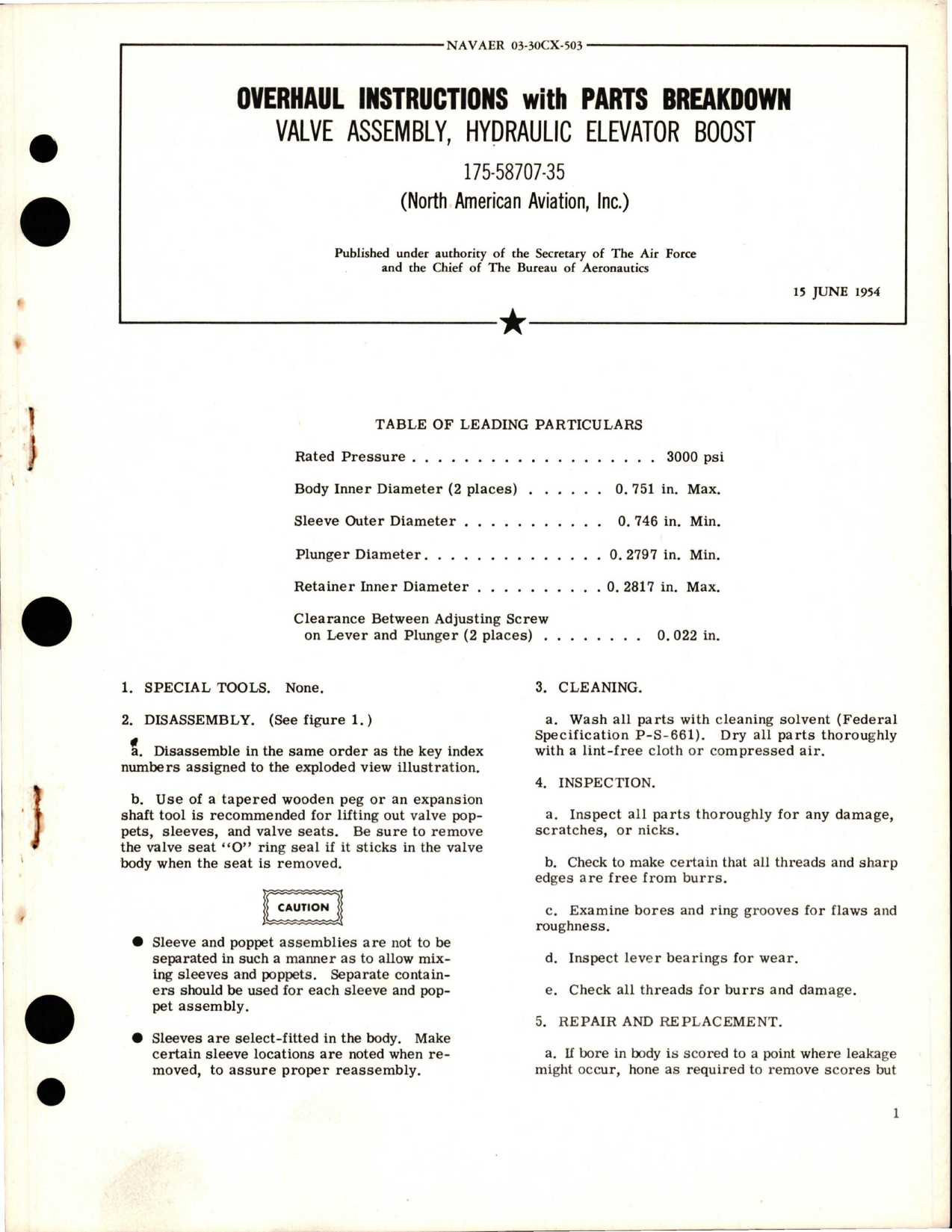 Sample page 1 from AirCorps Library document: Overhaul Instructions with Parts Breakdown for Hydraulic Elevator Boost Valve Assembly - 175-58707-35 