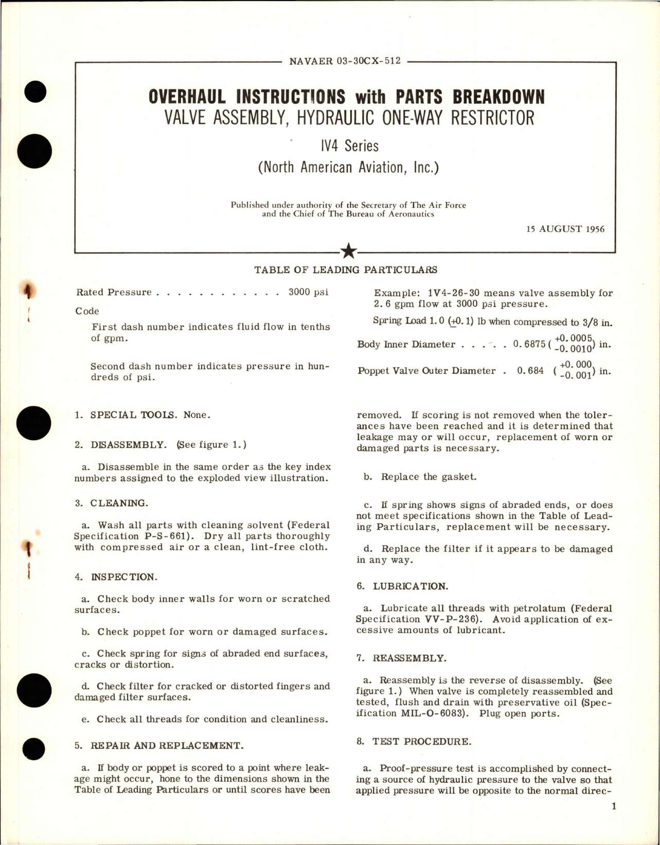 Sample page 1 from AirCorps Library document: Overhaul Instructions with Parts Breakdown for Hydraulic One Way Restrictor Valve Assy - IV4 Series 