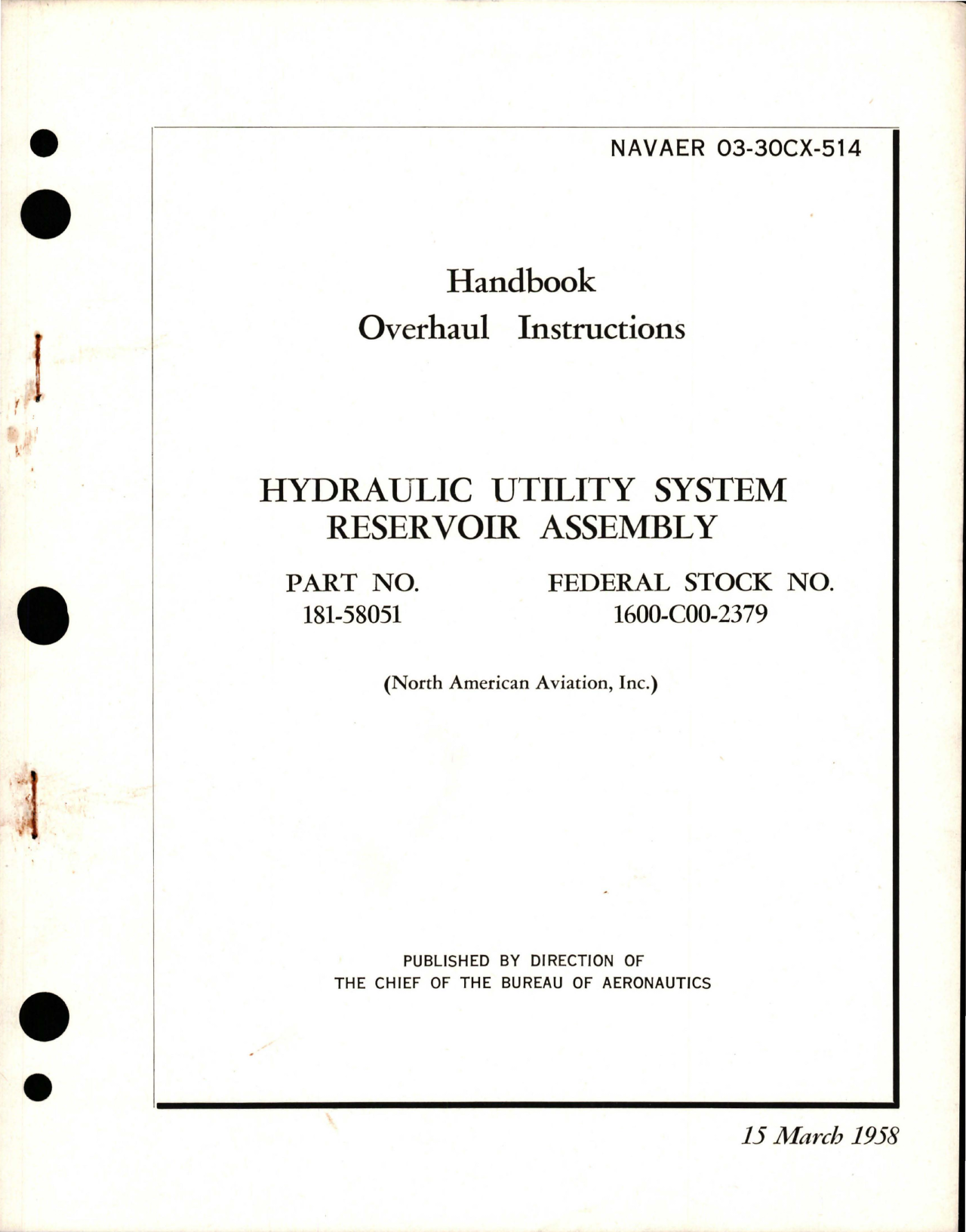 Sample page 1 from AirCorps Library document: Overhaul Instructions for Hydraulic Utility System Reservoir Assembly - Part 181-58051