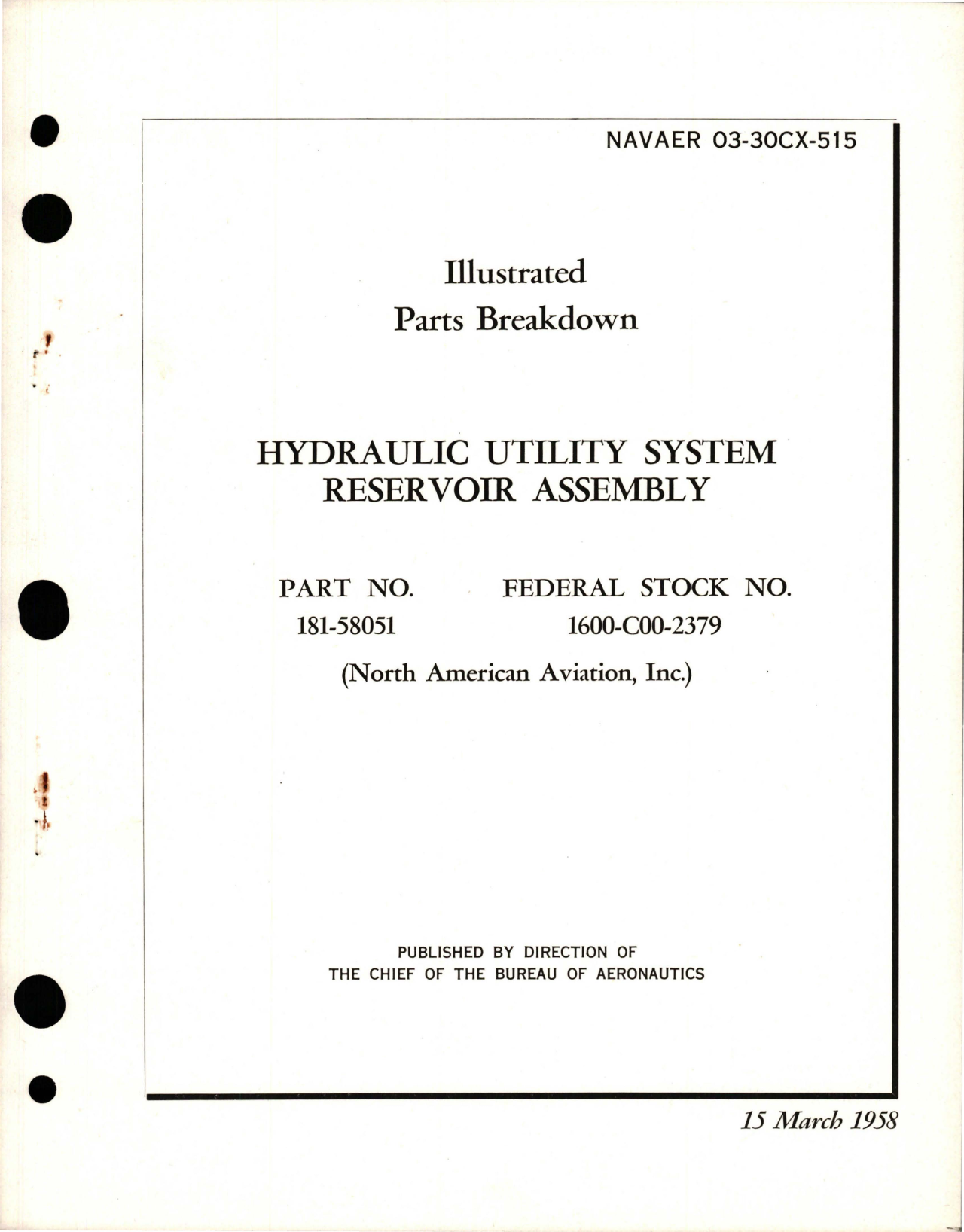 Sample page 1 from AirCorps Library document: Illustrated Parts Breakdown for Hydraulic Utility System Reservoir Assembly - Part 181-58051