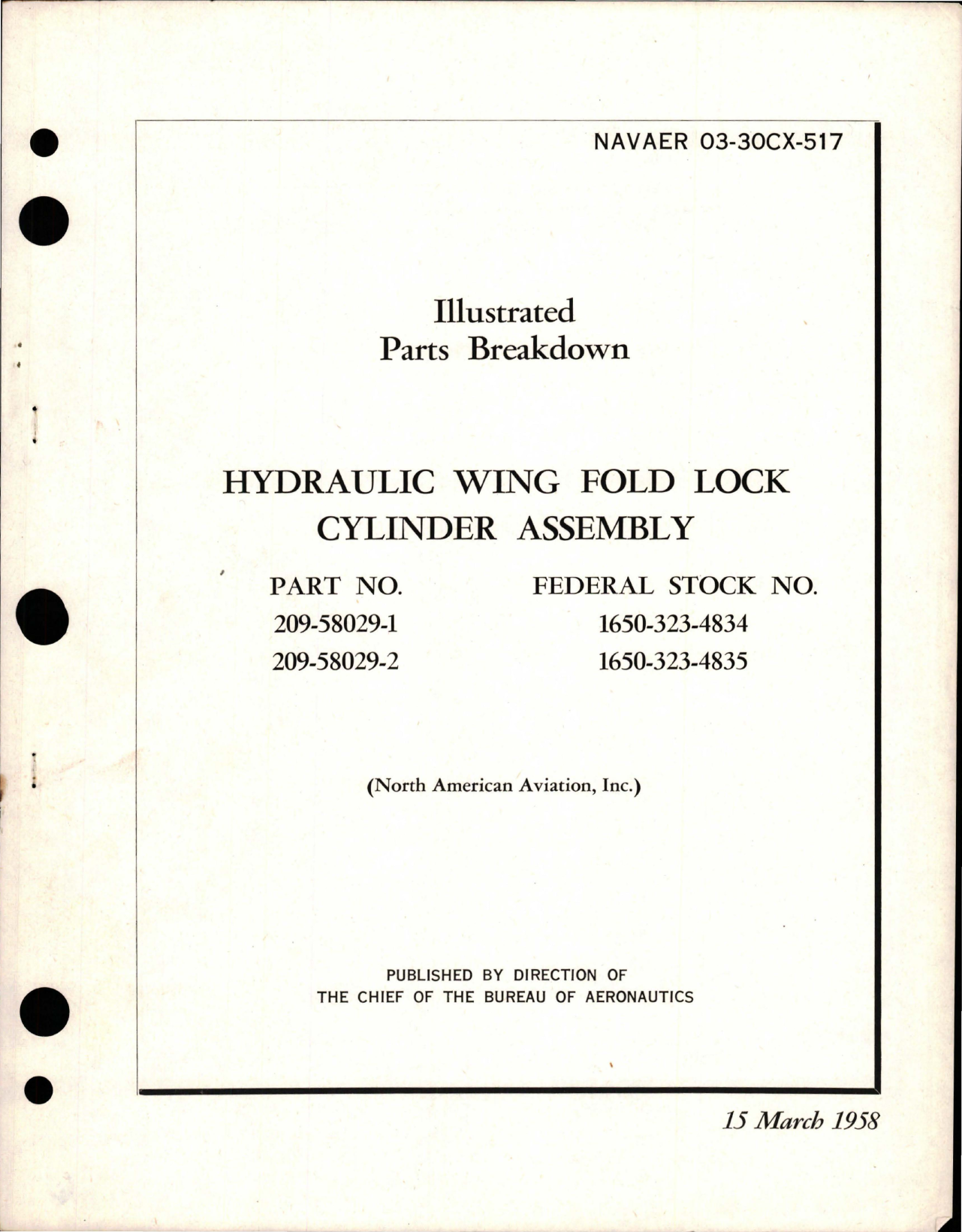 Sample page 1 from AirCorps Library document: Illustrated Parts Breakdown for Hydraulic Wing Fold Lock Cylinder Assembly - 209-58029-1, 209-58029-2