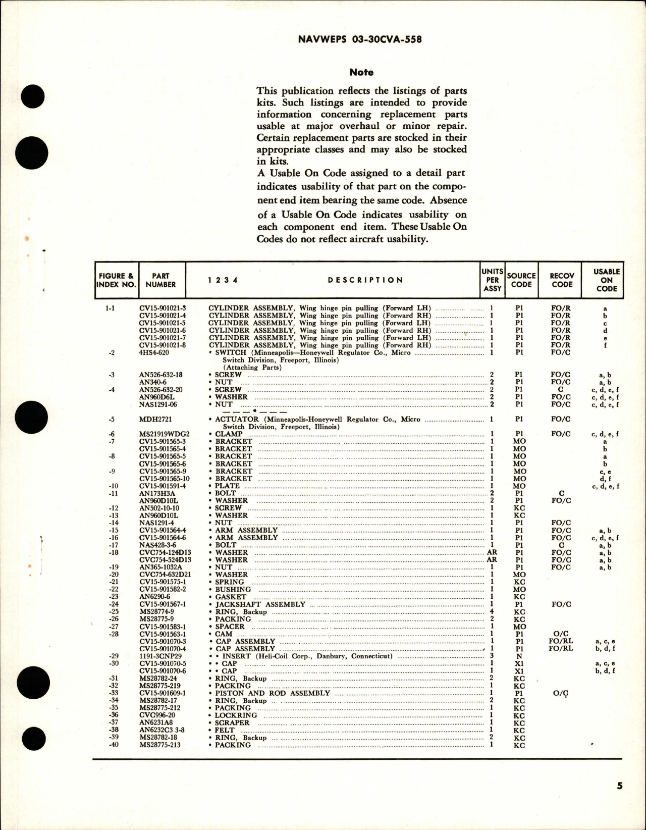 Sample page 5 from AirCorps Library document: Overhaul Instructions with Parts Breakdown for Wing Forward Hinge Pin Pulling Cylinder Assembly