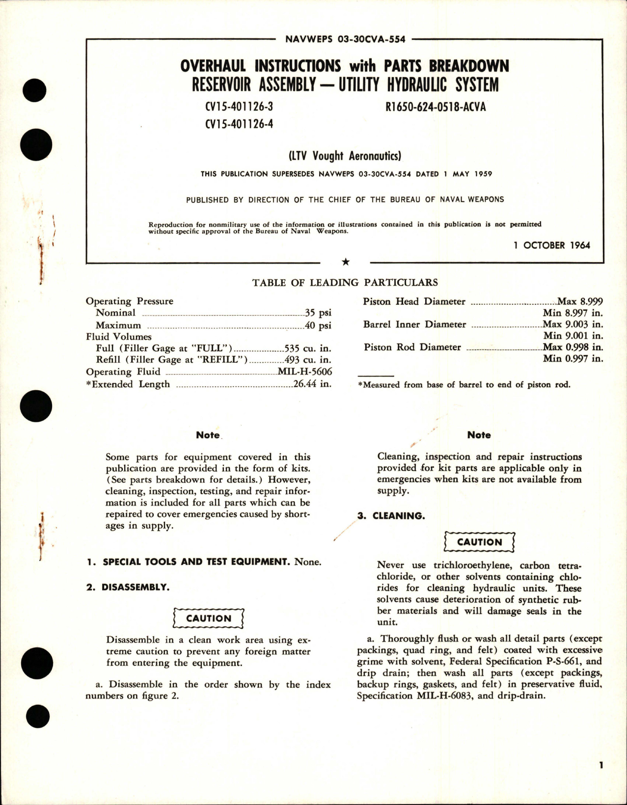 Sample page 1 from AirCorps Library document: Overhaul Instructions with Parts Breakdown for Utility Hydraulic System Reservoir Assembly - CV15-401126-3 and CV15-401126-4