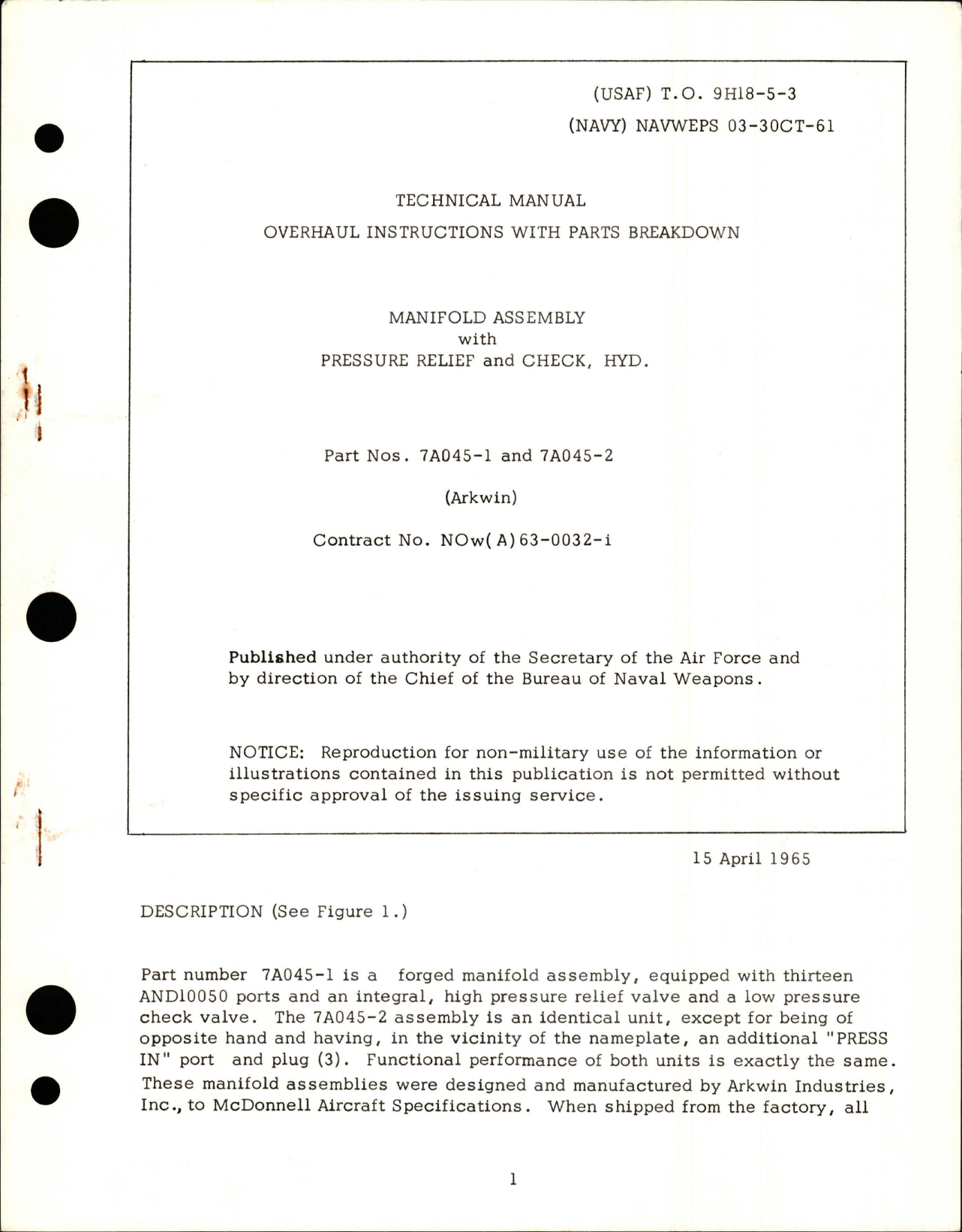 Sample page 1 from AirCorps Library document: Overhaul Instructions with Parts for Manifold Assembly w Pressure Relief and Check HYD - Parts 7A045-1 and 7A045-2