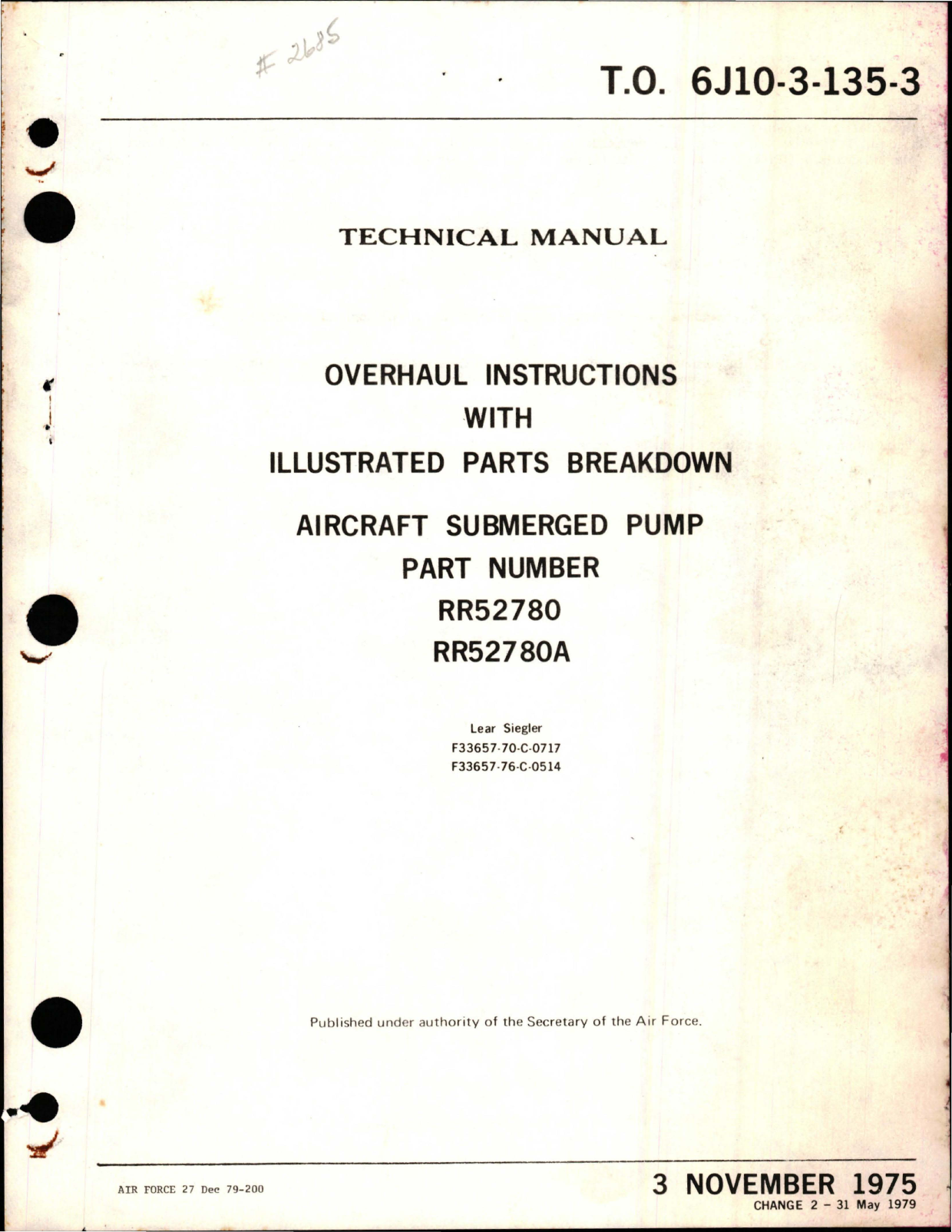 Sample page 1 from AirCorps Library document: Overhaul Instructions with Parts Breakdown for Submerged Pump - Parts RR52780, RR52780A 
