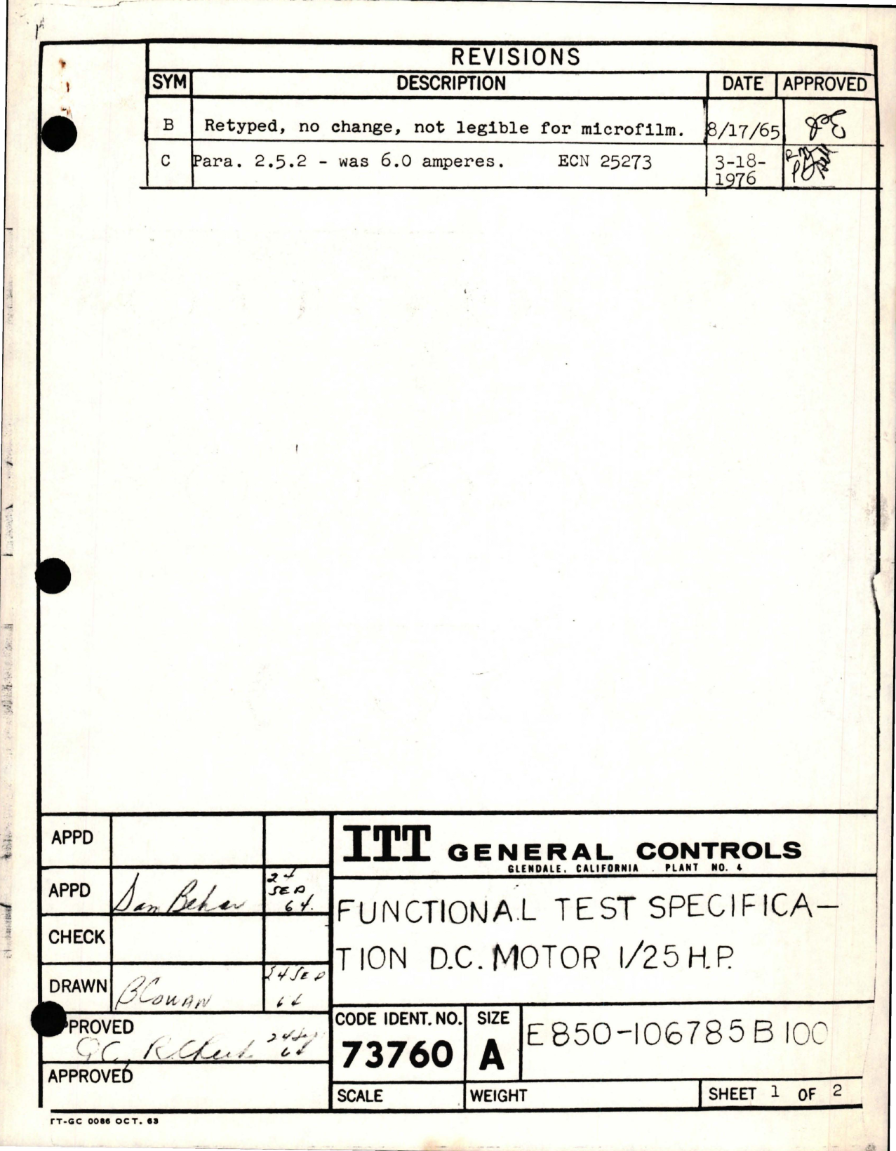 Sample page 1 from AirCorps Library document: Functional Test Specification for DC Motor 1-25 HP