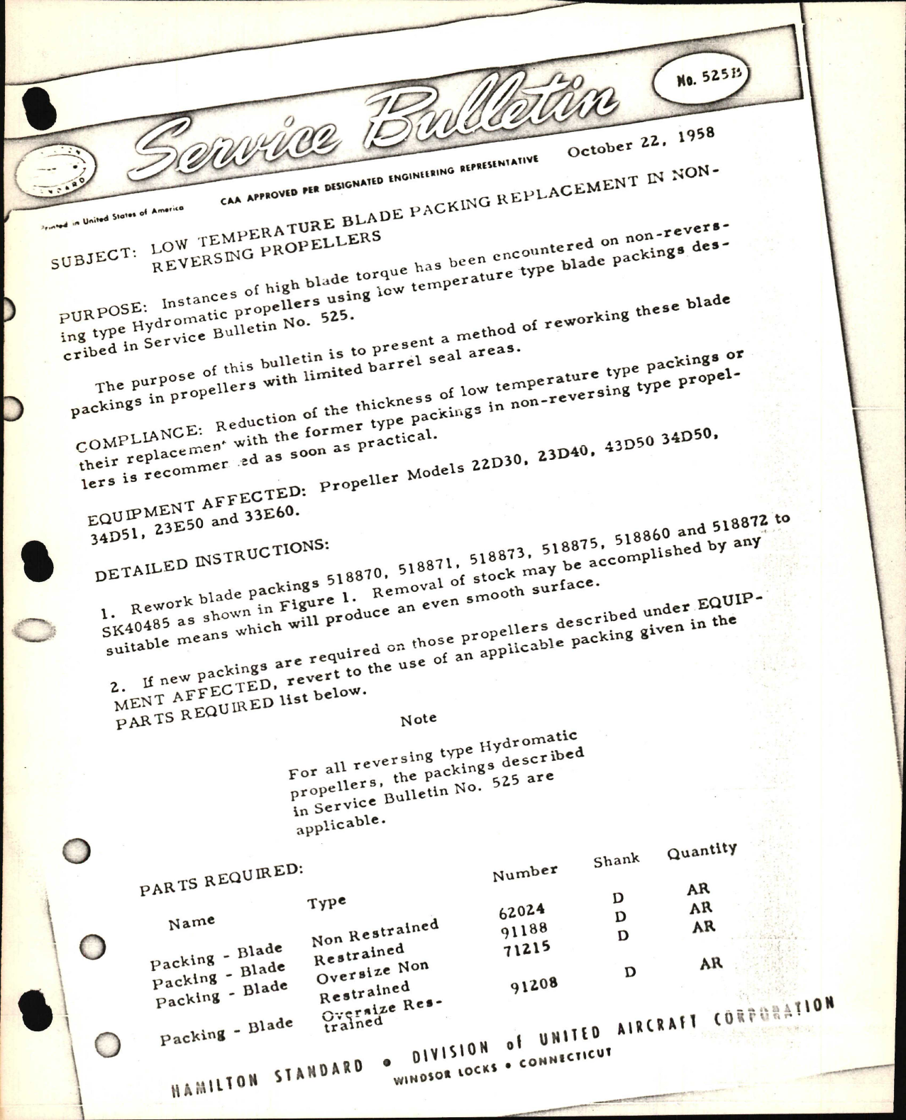 Sample page 1 from AirCorps Library document: Low Temperature Blade Packing Replacement in Non-Reversing Propellers