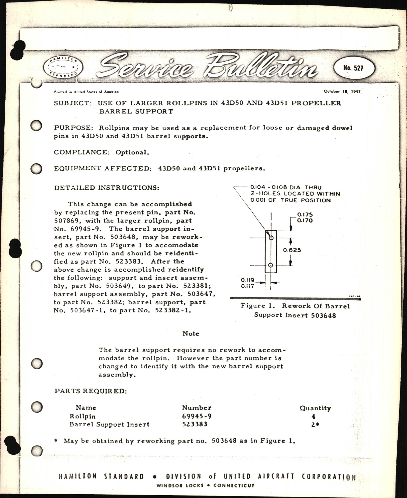 Sample page 1 from AirCorps Library document: Use of Larger Rollpins in 43D50 and 43D51 Propeller Barrel Support