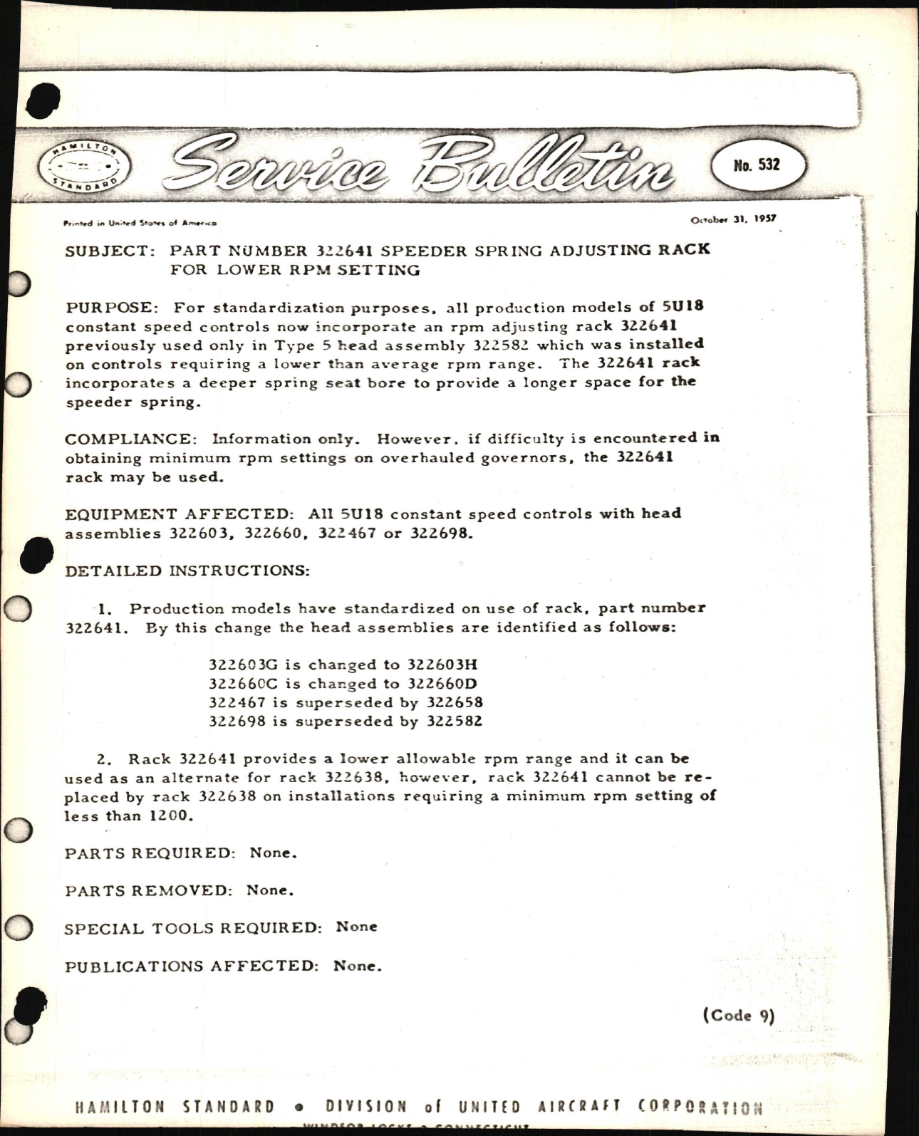 Sample page 1 from AirCorps Library document: Part Number 322641 Speeder Spring Adjusting Rack for Lower RPM Setting 