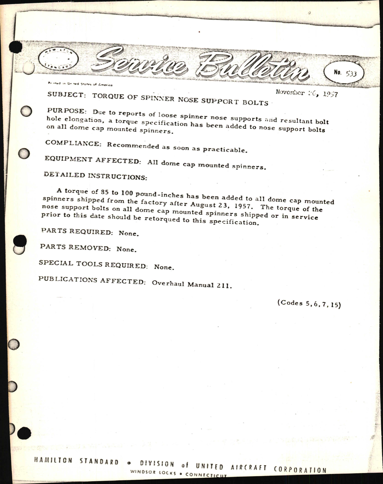 Sample page 1 from AirCorps Library document: Torque of Spinner Nose Support Bolts