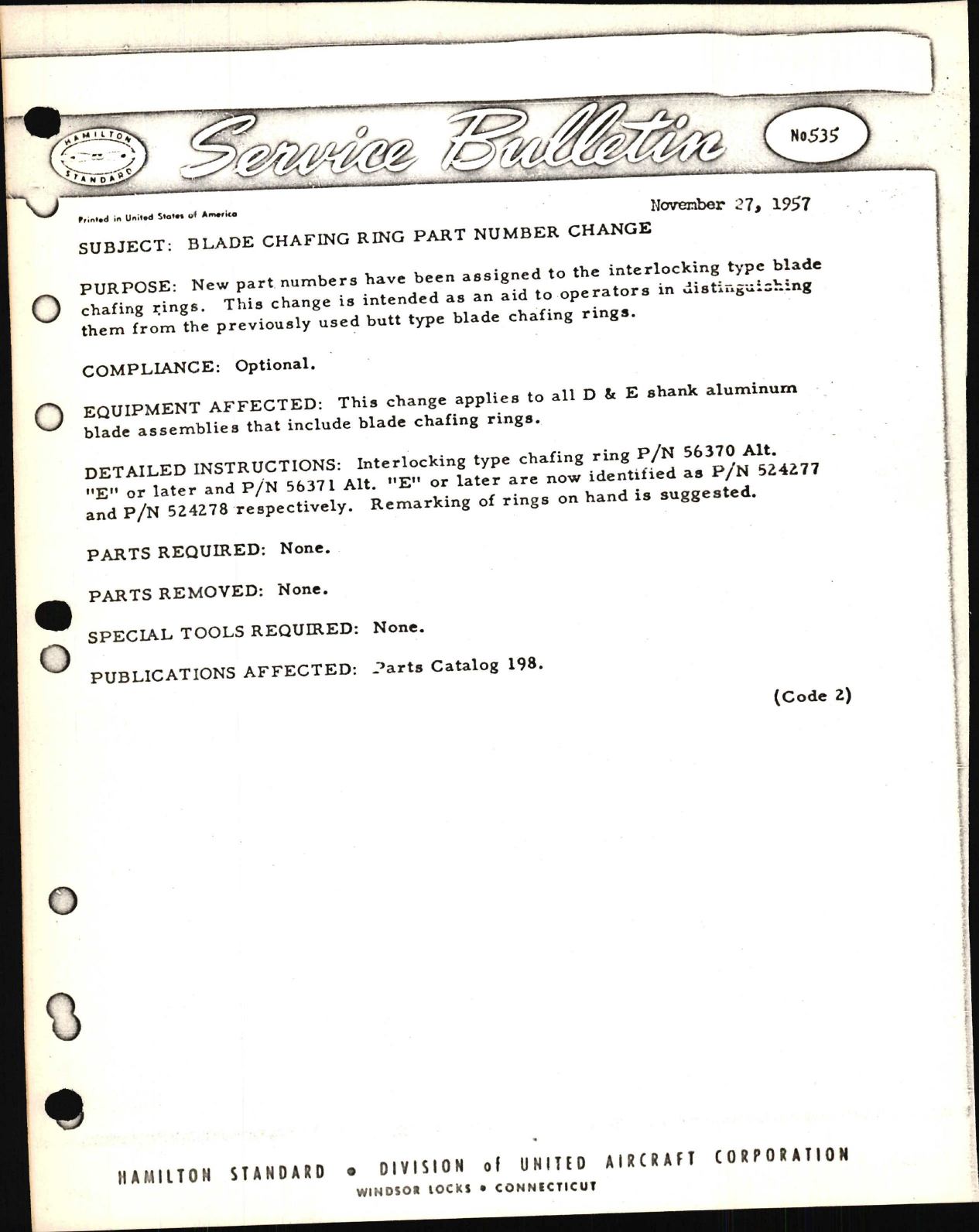 Sample page 1 from AirCorps Library document: Blade Chafing Ring Part Number Change