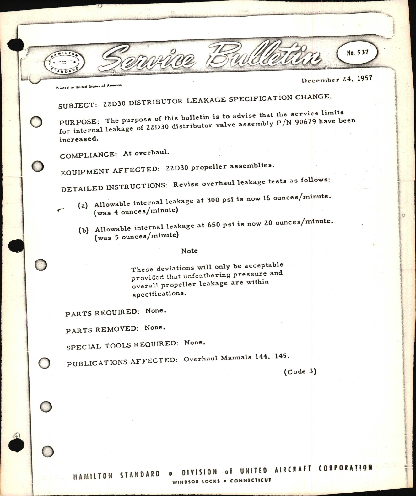 Sample page 1 from AirCorps Library document: 22D30 Distributor Leakage Specification Change