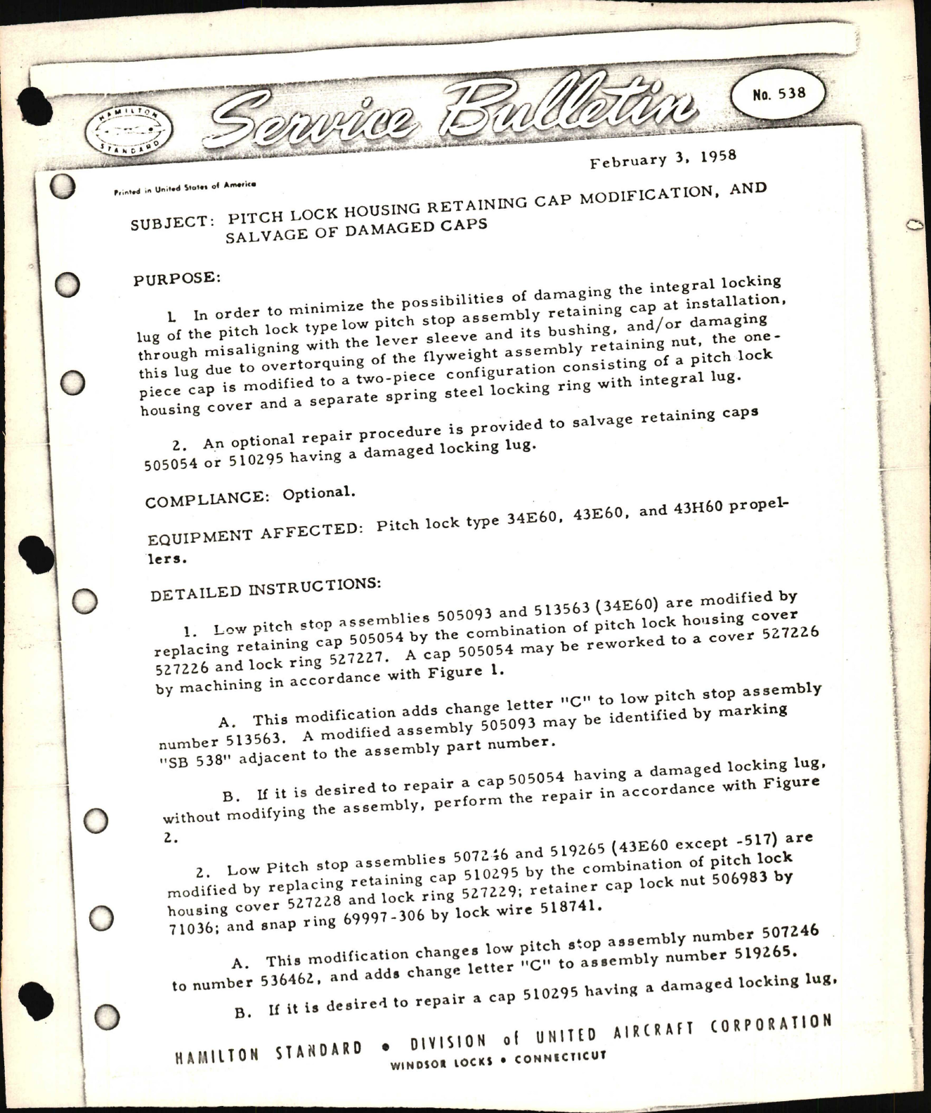 Sample page 1 from AirCorps Library document: Pitch Lock Housing Retaining Cap Modification, and Salvage of Damaged Caps