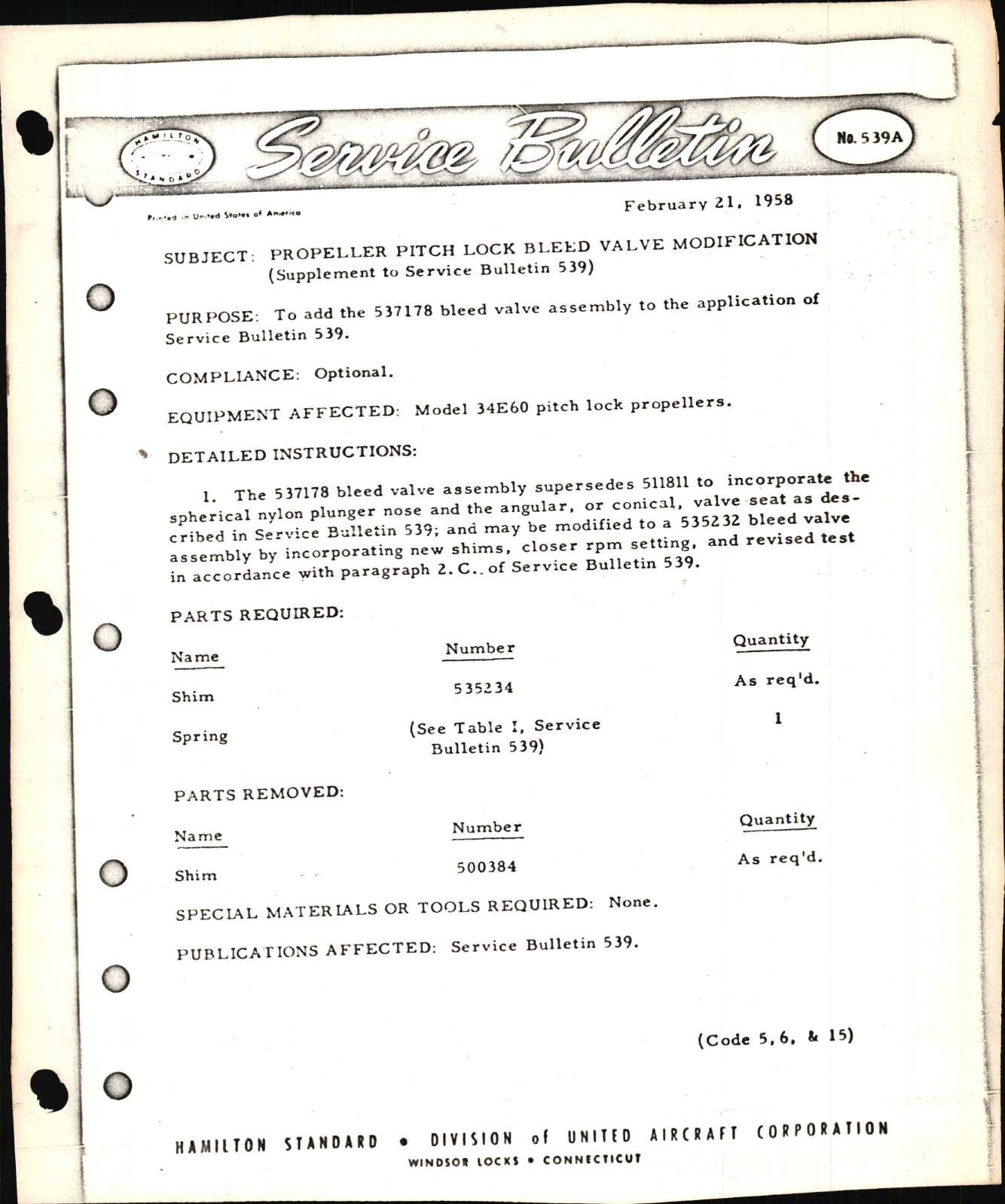 Sample page 1 from AirCorps Library document: Propeller Pitch Lock Bleed Valve Modification