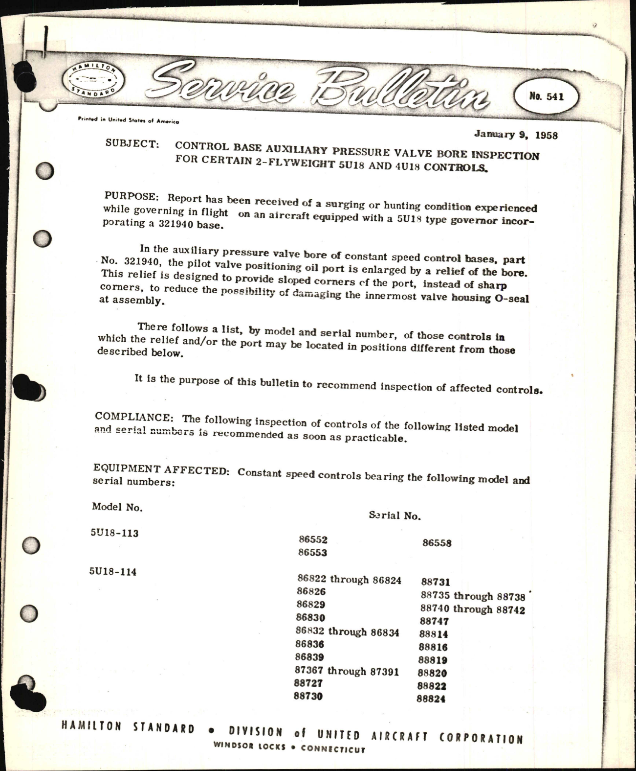Sample page 1 from AirCorps Library document: Control Base Auxiliary Pressure Valve Bore Inspection for Certain 2-Flyweight 5U18 and 4U18 Controls