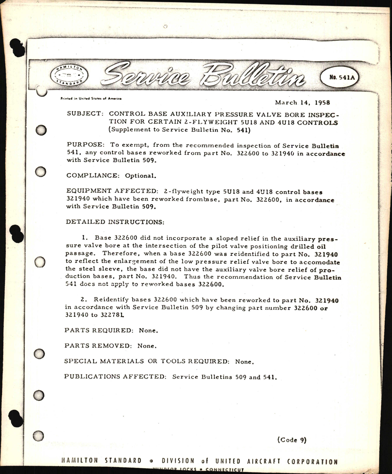 Sample page 1 from AirCorps Library document: Control Base Auxiliary Pressure Valve Bore Inspection for Certain 2-Flyweight 5U18 and 4U18 Controls